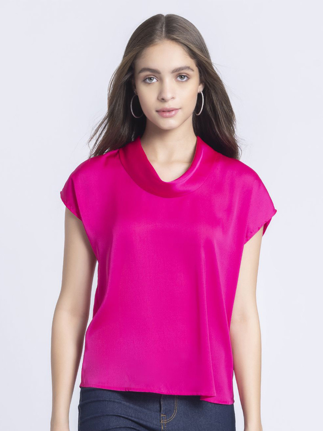SHAYE Cowl Neck Fuchsia Solid Sleeveless Casual Tops For Women