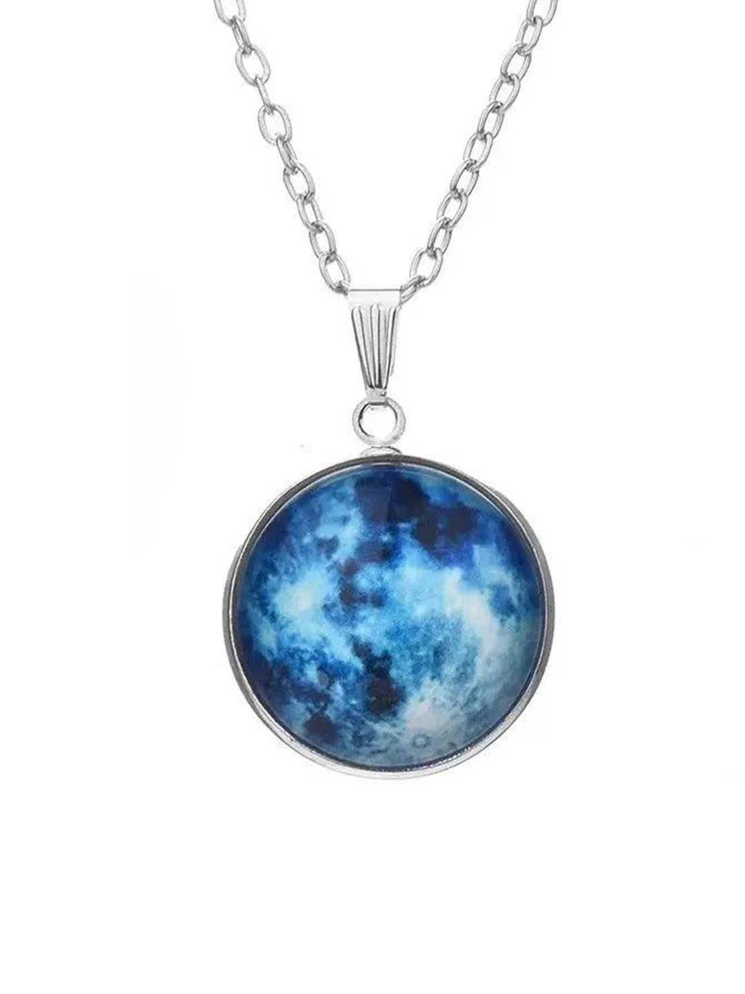 kazare Stainless Steel Artificial Stones Studded Moon Circular Pendant With Chain