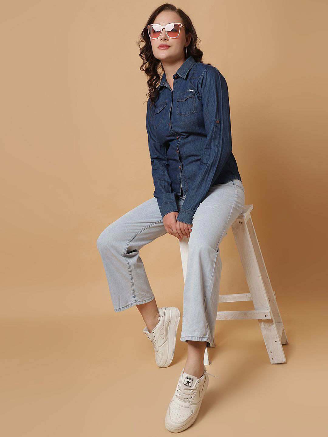 God's Club Women Spread Collar Cotton Denim Casual Shirt