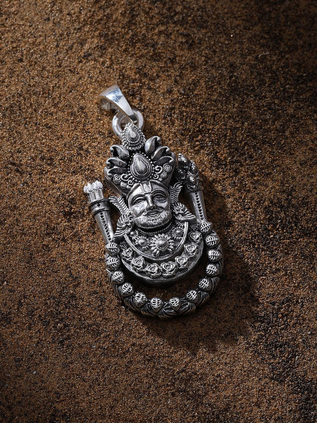 Exotic India Unisex Sterling Silver Shree Khatu Shyam Goddess Pendant