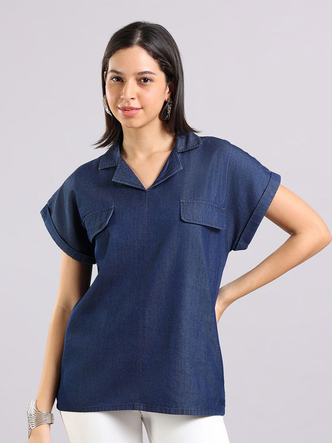 Tamiska By Narendra Kumar Women Extended Sleeves Lyocell Denim Top