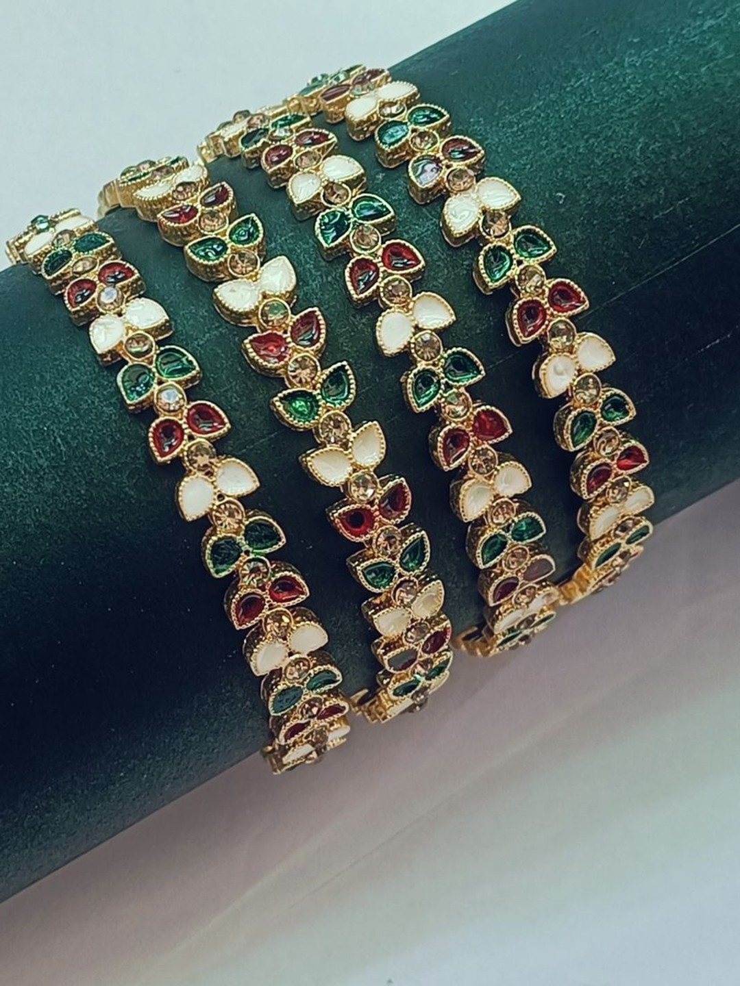 Anouk Set Of 4 Copper-Plated Enamelled & Stone-Studded Bangles