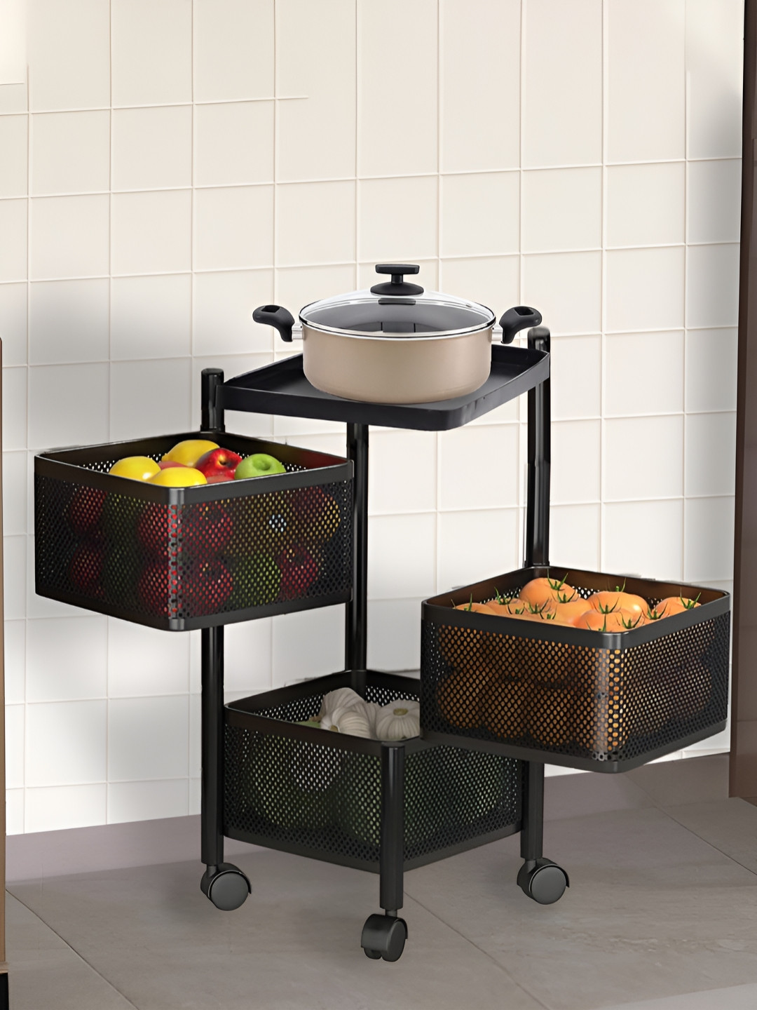 Aura Black 2 Pieces Regular 3 Layer Multi-Utility Organiser Storage Rack With Wheels