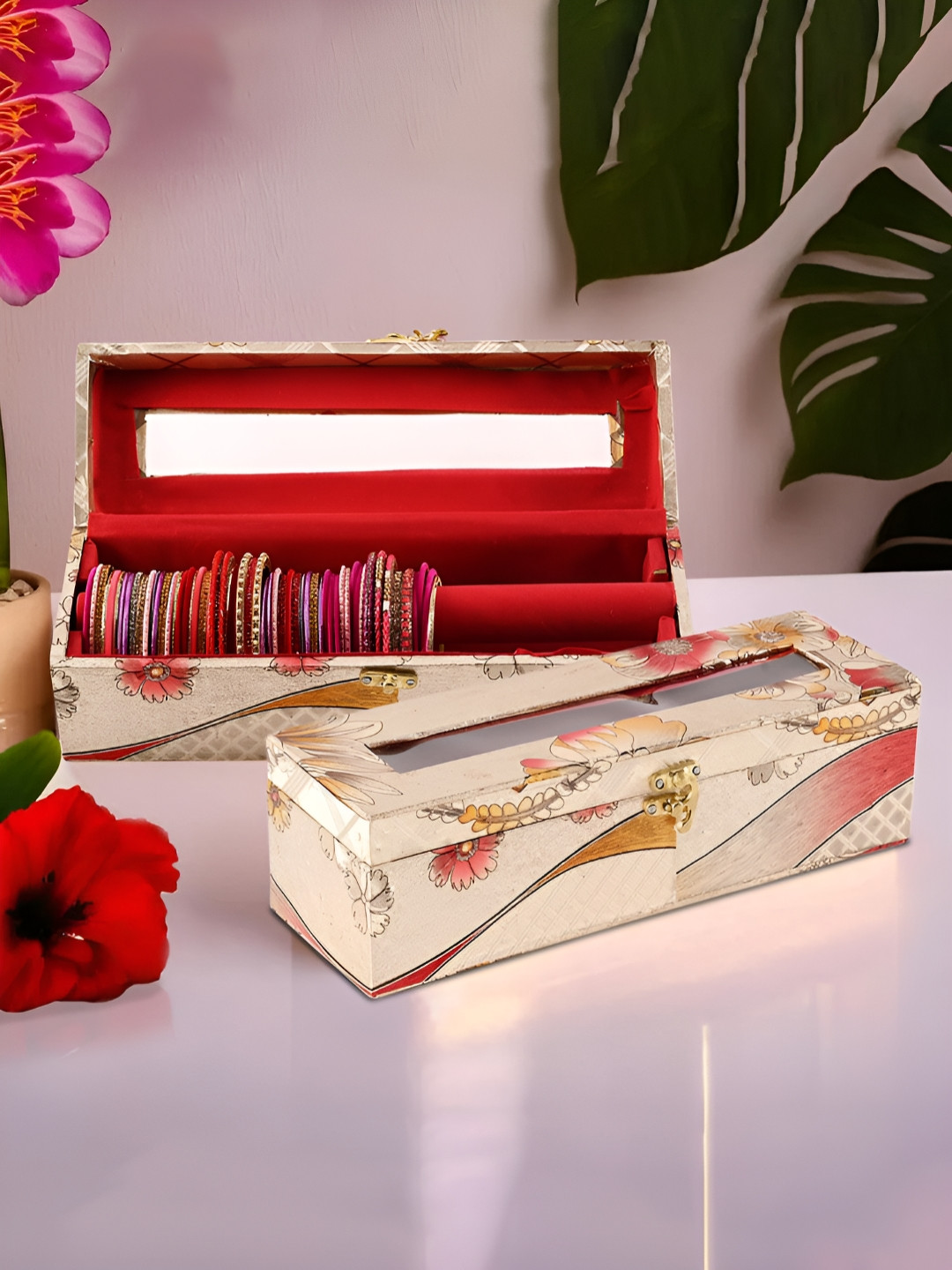 Aura Gold-Toned & Red 2 Pieces Floral Printed Wooden Jewellery Organisers