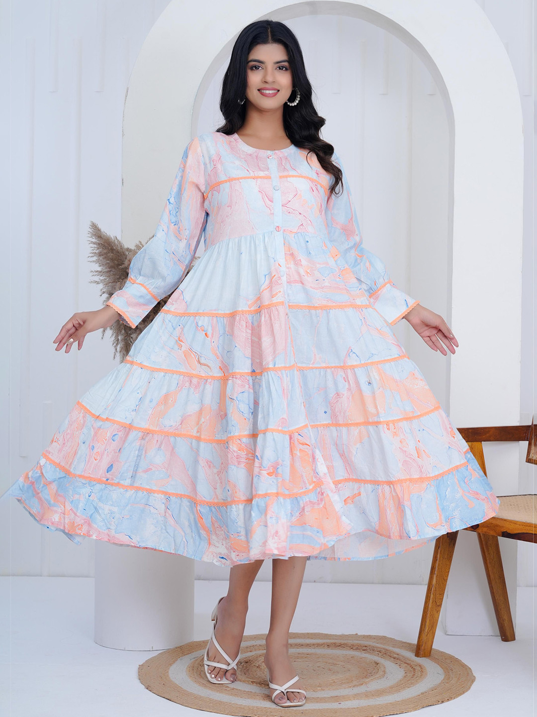 SIGNORIA Women Printed Lace Inserts Detail Fit and Flare Tiered Midi Dress