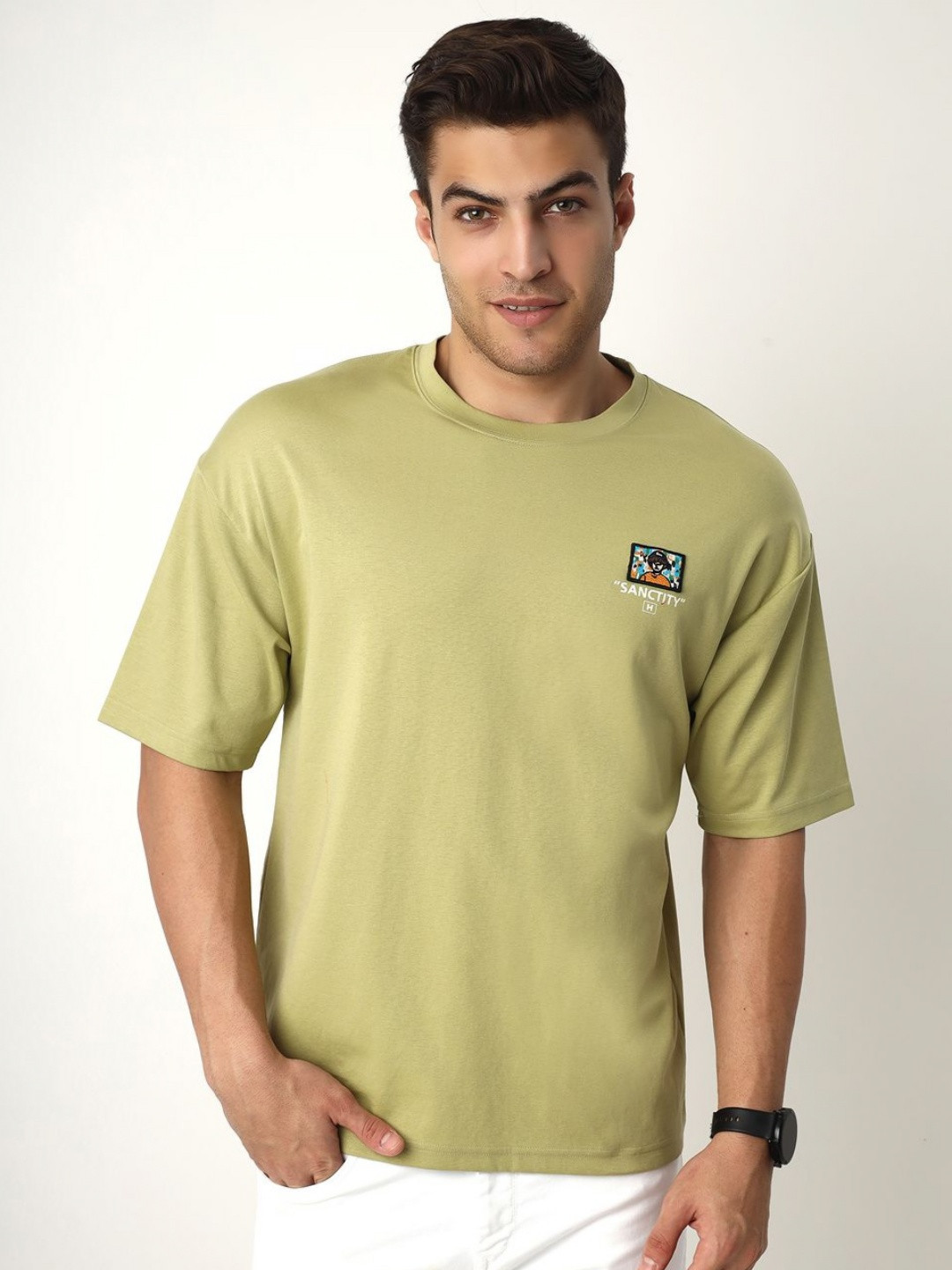 BLUENCE Green Sanctity Men Round Neck Regular Fit Oversized Tshirt
