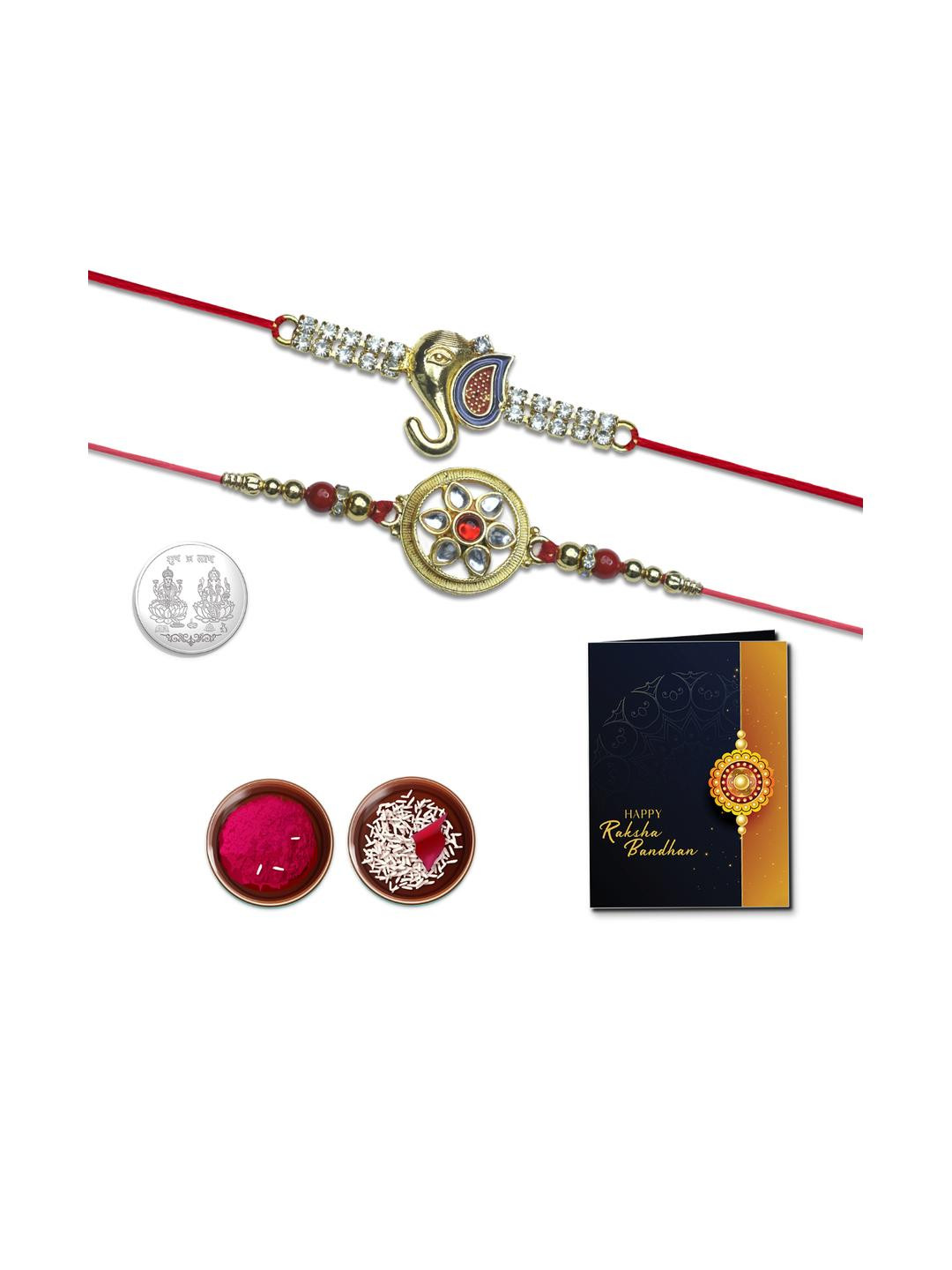 Rakhi Combo for Brother with Rakhi , Roli Chawal, Coin & Greeting Card