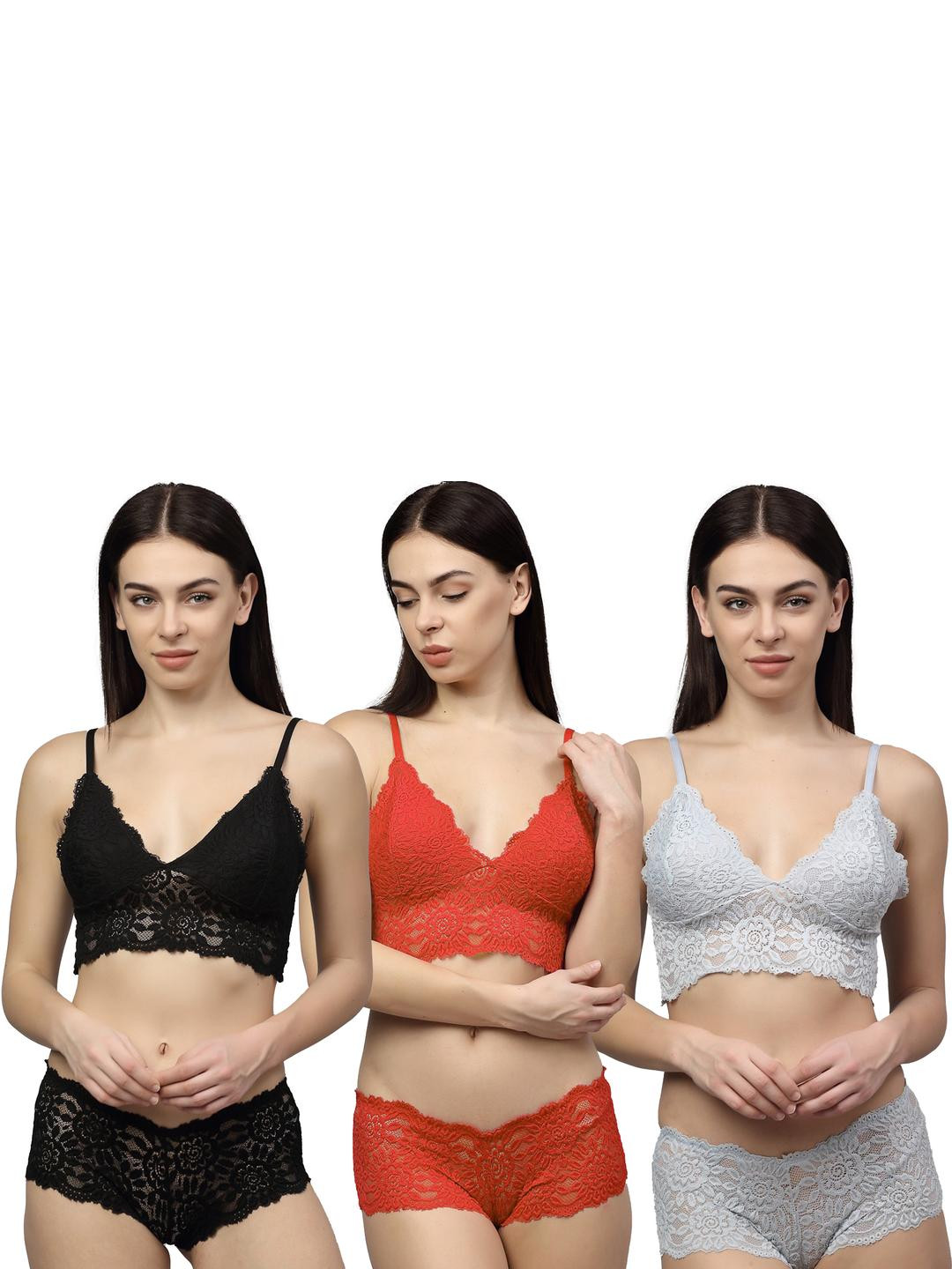 Women Black,Red,Grey Net Bra Panty Set for Lingerie Set Undergarments Pack of 3
