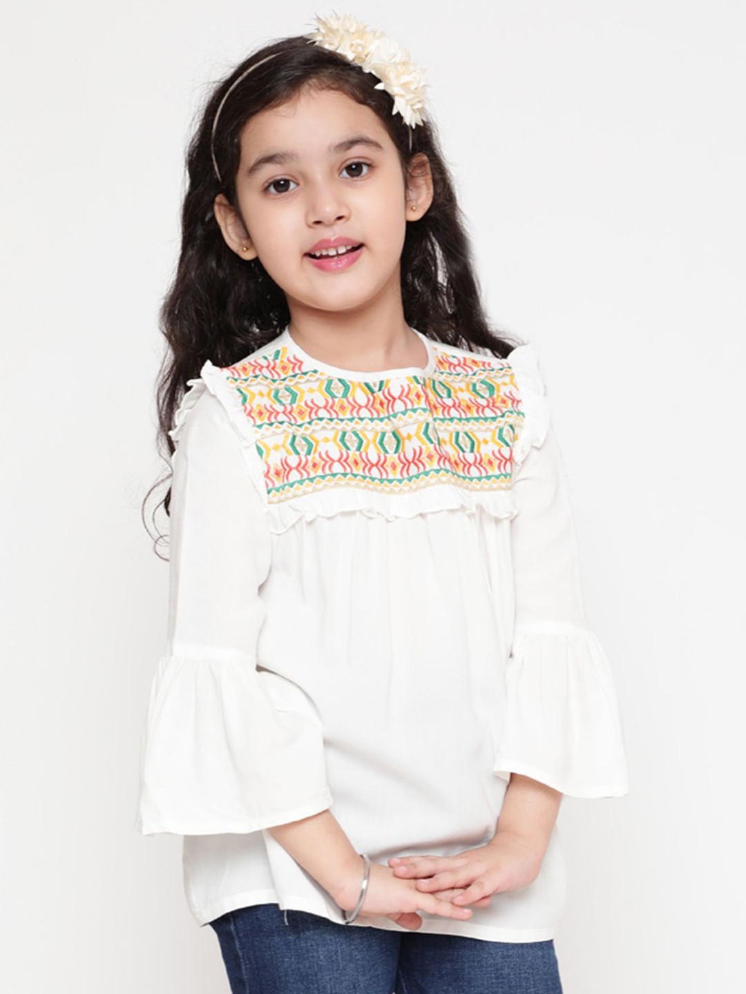 Miss & Chief Girls Floral Embroidered Bell Sleeve Top