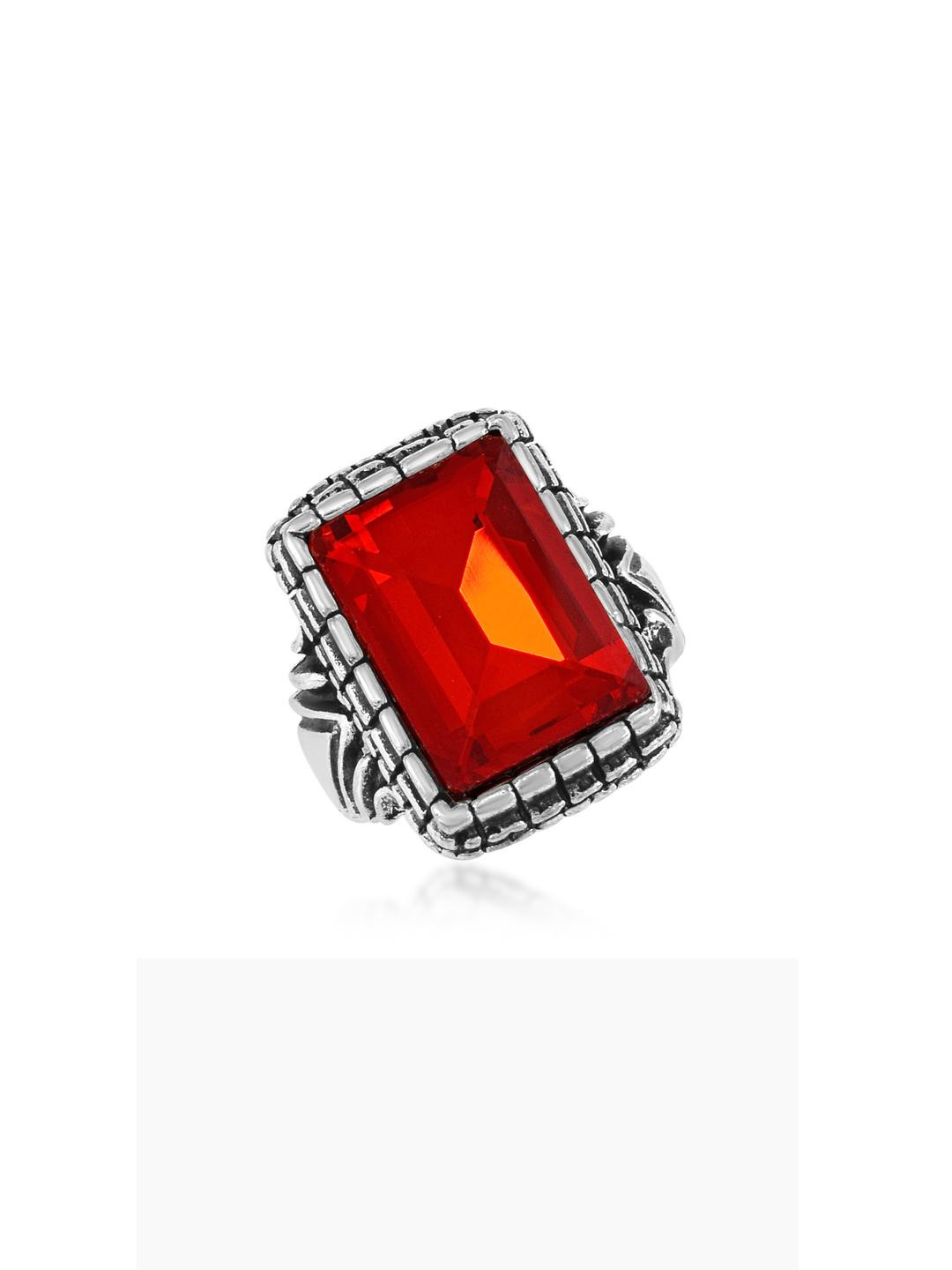 Brass Antique Oxidised Silverplated Faux Ruby finger ring Men