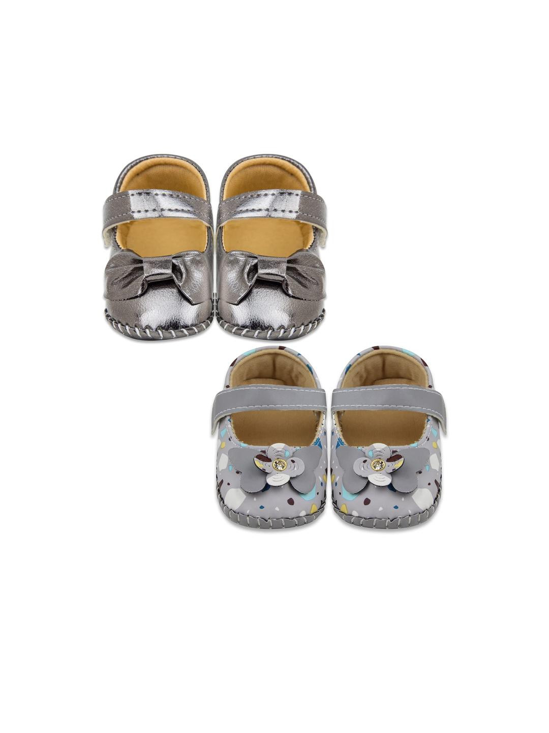 Neska Moda 6 to 12 Months Baby Girls Belly Shoe Fancy Partywear Set of 2 Pair Velcro Sandel Booties (Toe to Heel Length - 12 cm, Black, Silver, Grey)