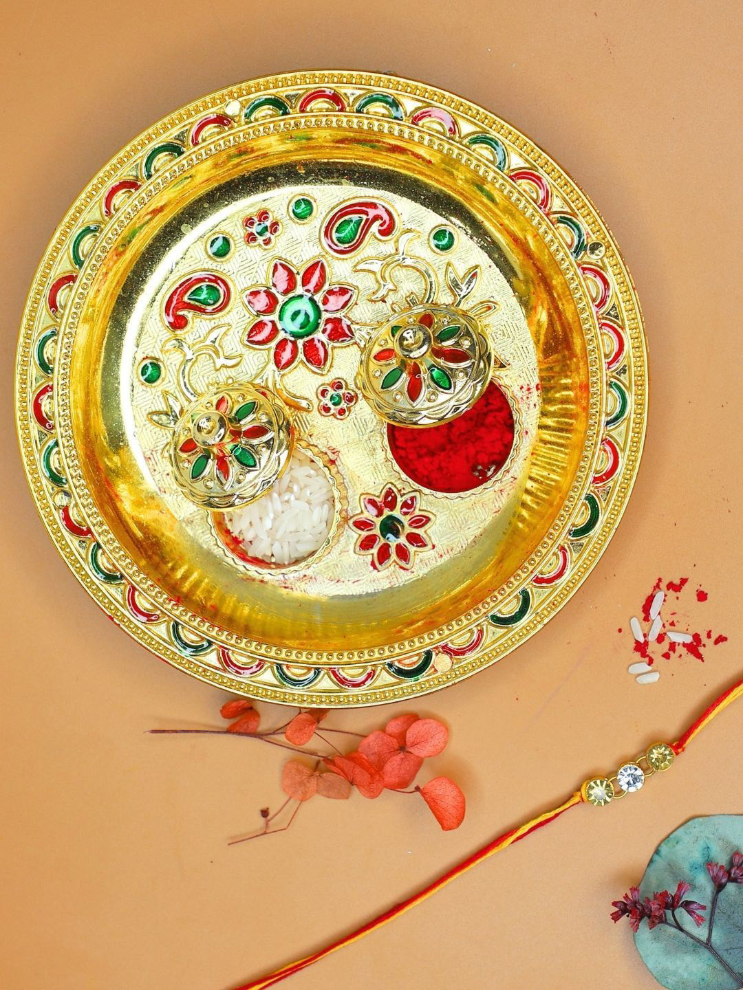 Anouk Stone Studded Rakhi & Greeting Card With Pooja Thali