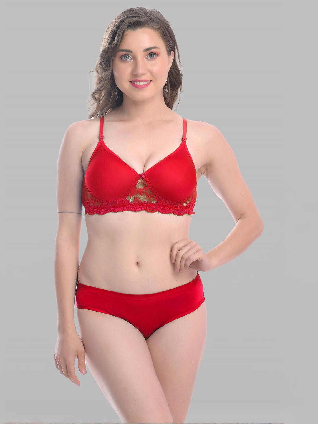 Women Red Cotton Blend Bra Panty Set for Lingerie Set Undergarments Pack of 1