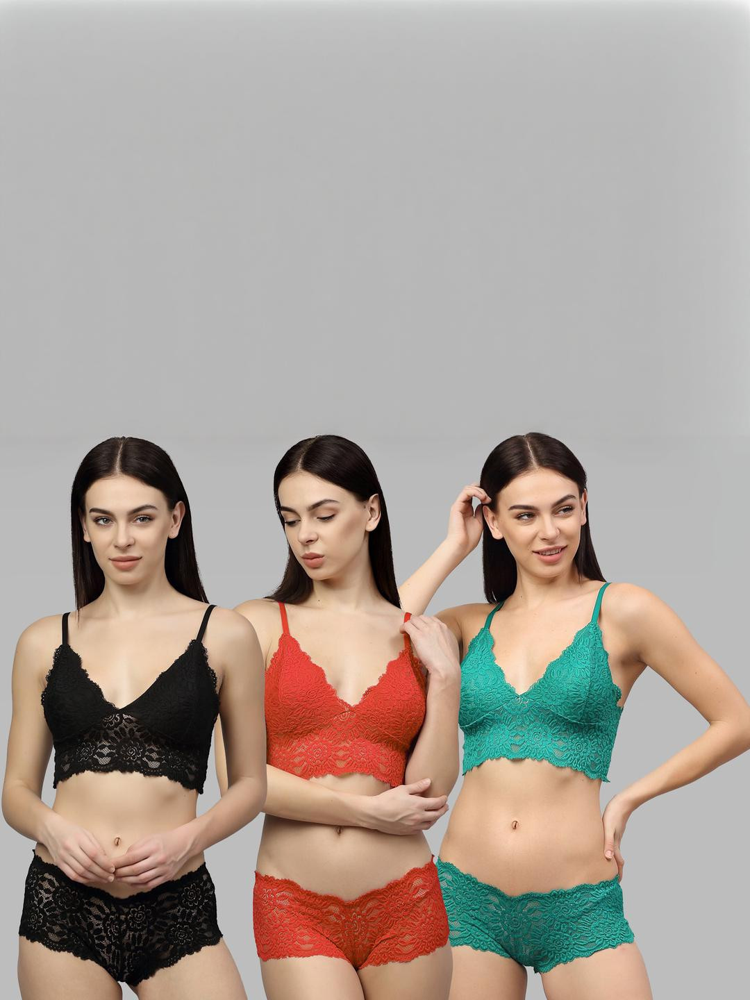 Women Black,Red,Green Net Bra Panty Set for Lingerie Set Undergarments Pack of 3