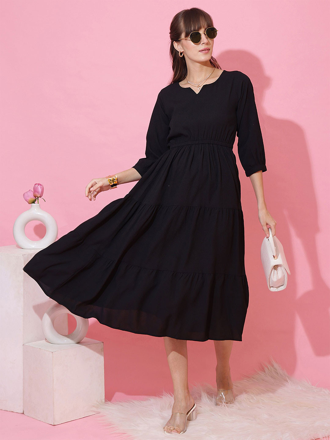 SHEETAL Associates Women Round Neck Tiered Fit & Flare Midi Dress