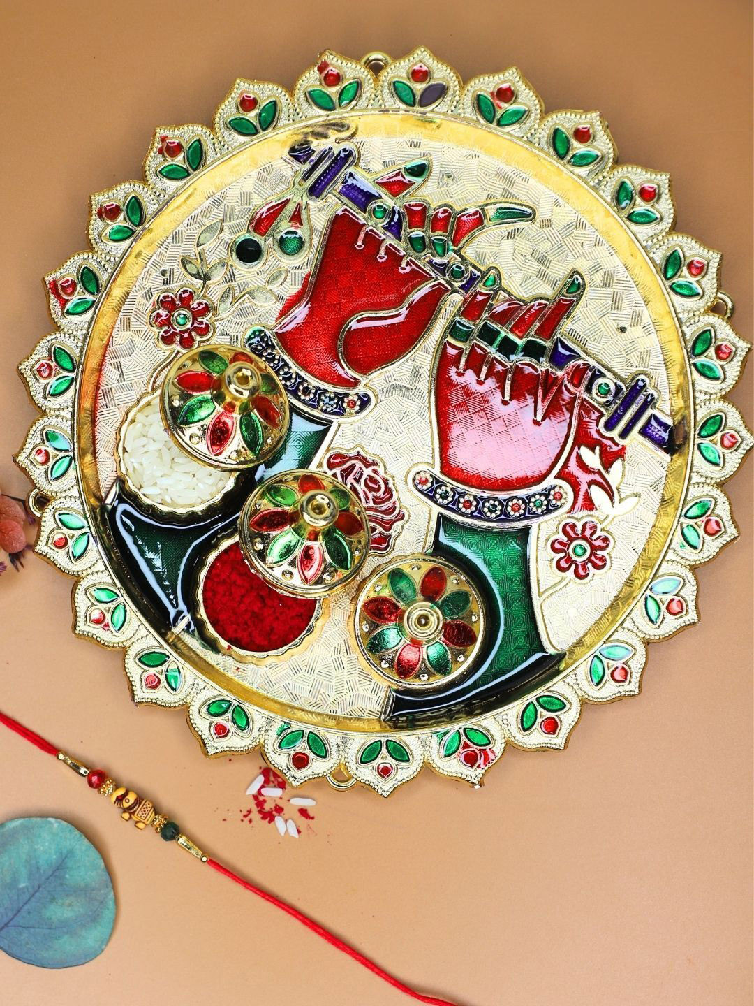 Anouk Elephant Rakhis With Card Roli Kumkum & Peacock Thali