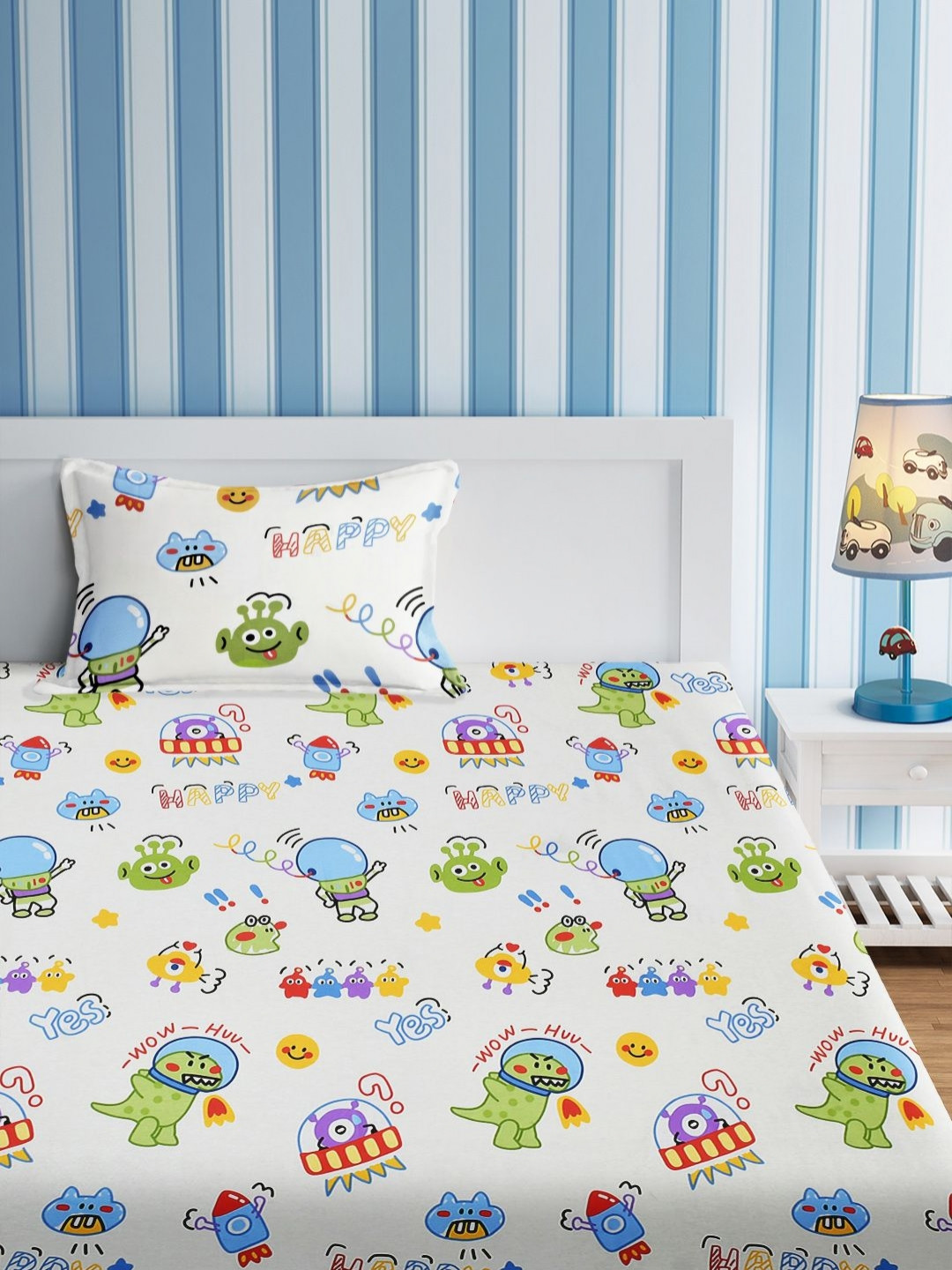 URBAN DREAM Kids White & Yellow Graphic Cotton 210 TC Single Bedsheet Set-1.5 m x 2.3 m