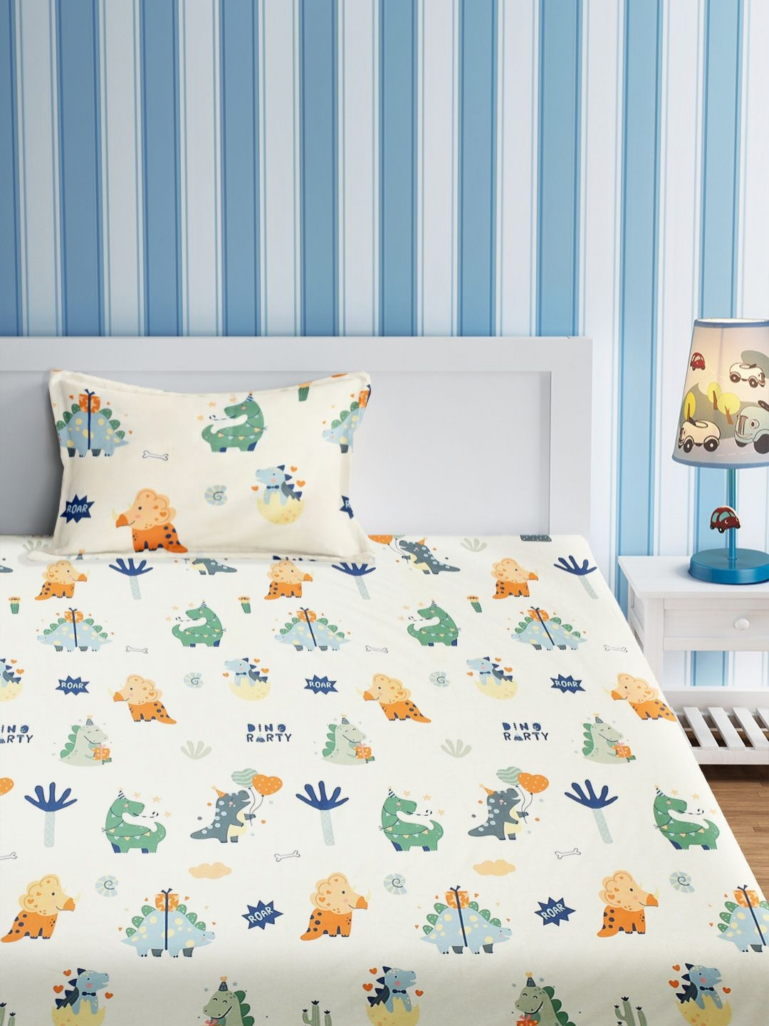 URBAN DREAM Kids White & Green Graphic Cotton 210 TC Single Bedsheet Set-1.5 m x 2.3 m