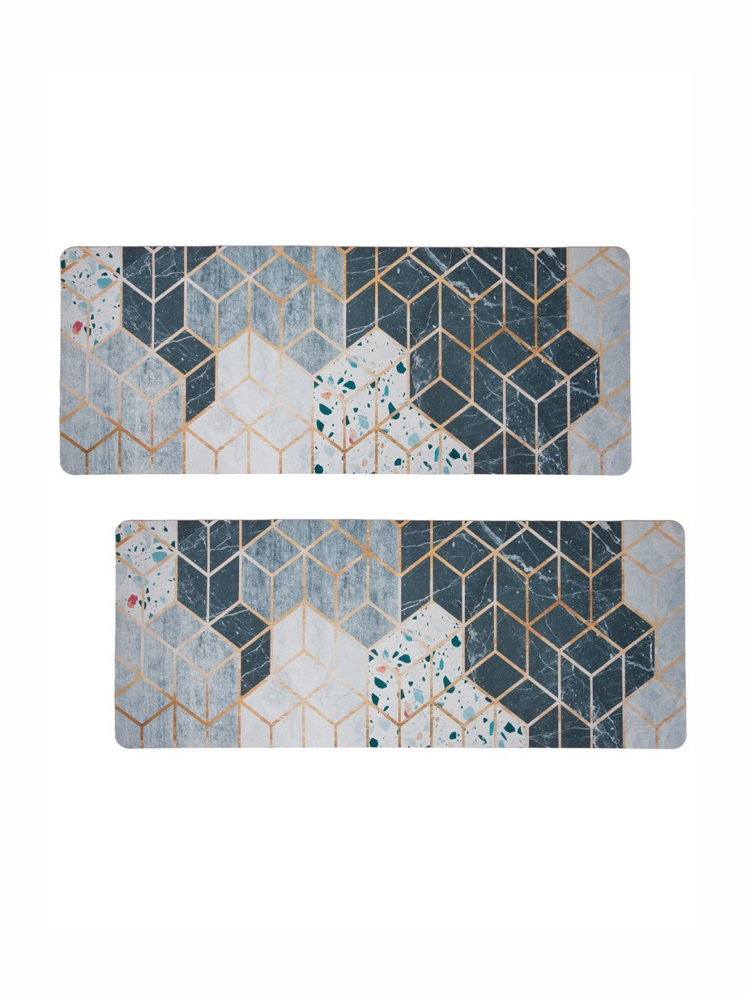 Aura White & Blue 2 Pieces Geometric Anti-Skid Carpets
