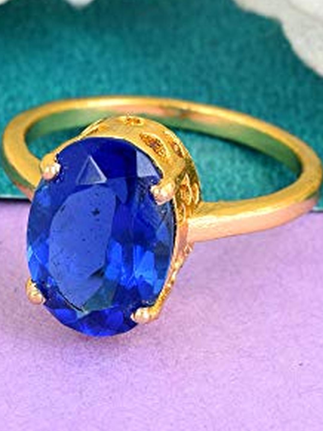 Brass Goldplated High Crown Faux Blue Sapphire(Neelam) Fingerring Men Women