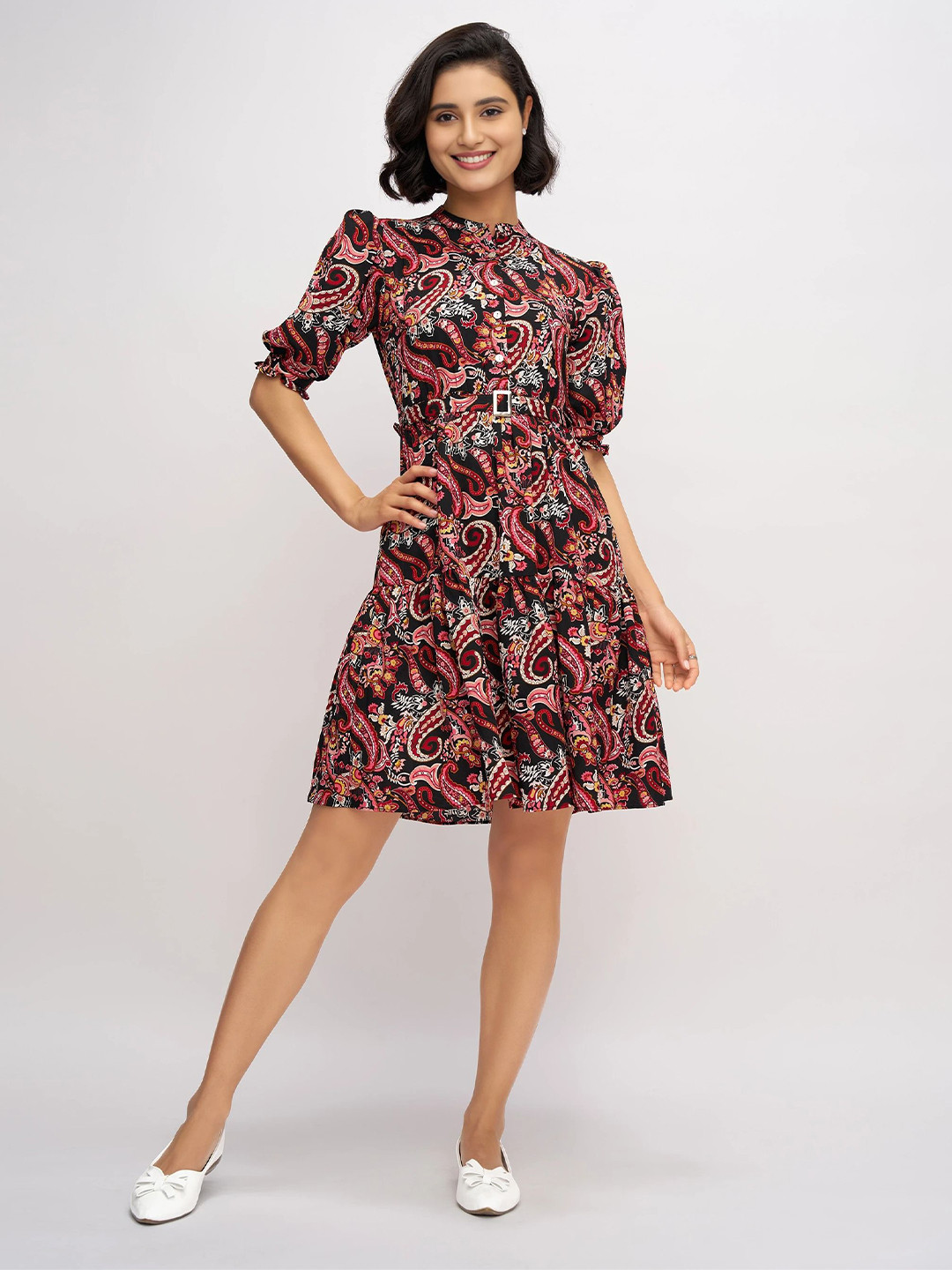 DressBerry Women Printed Puff Sleeves Fit & Flare Dress