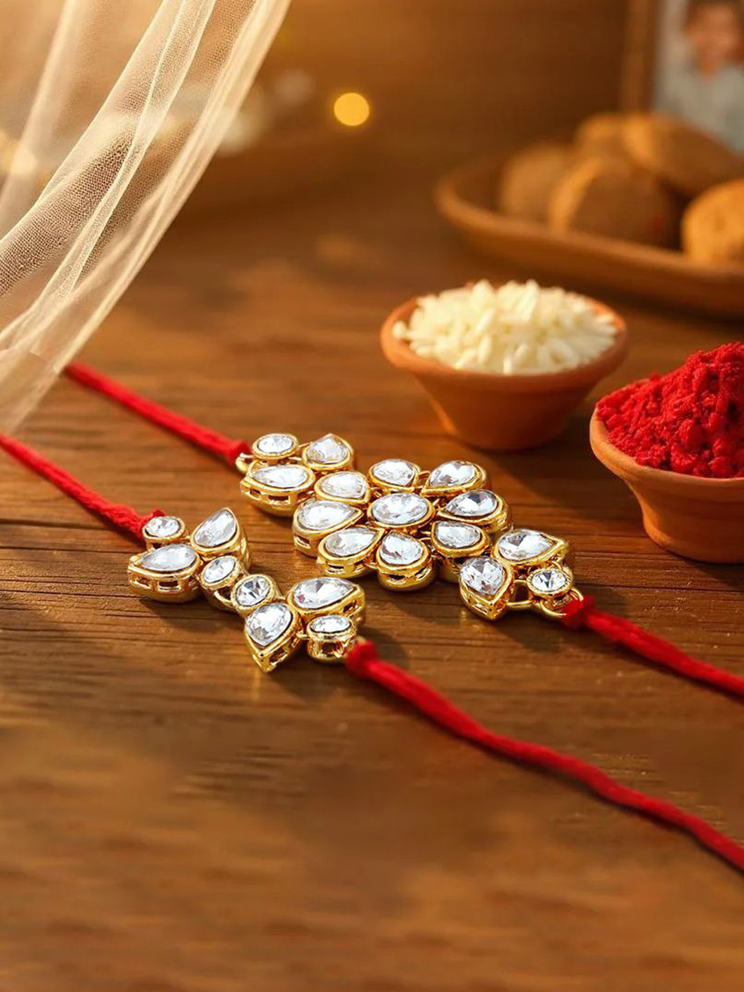 LUCKY JEWELLERY 2-Pcs Cubic Zircon Studded Rakhi With Roli Chawal & Greeting Card