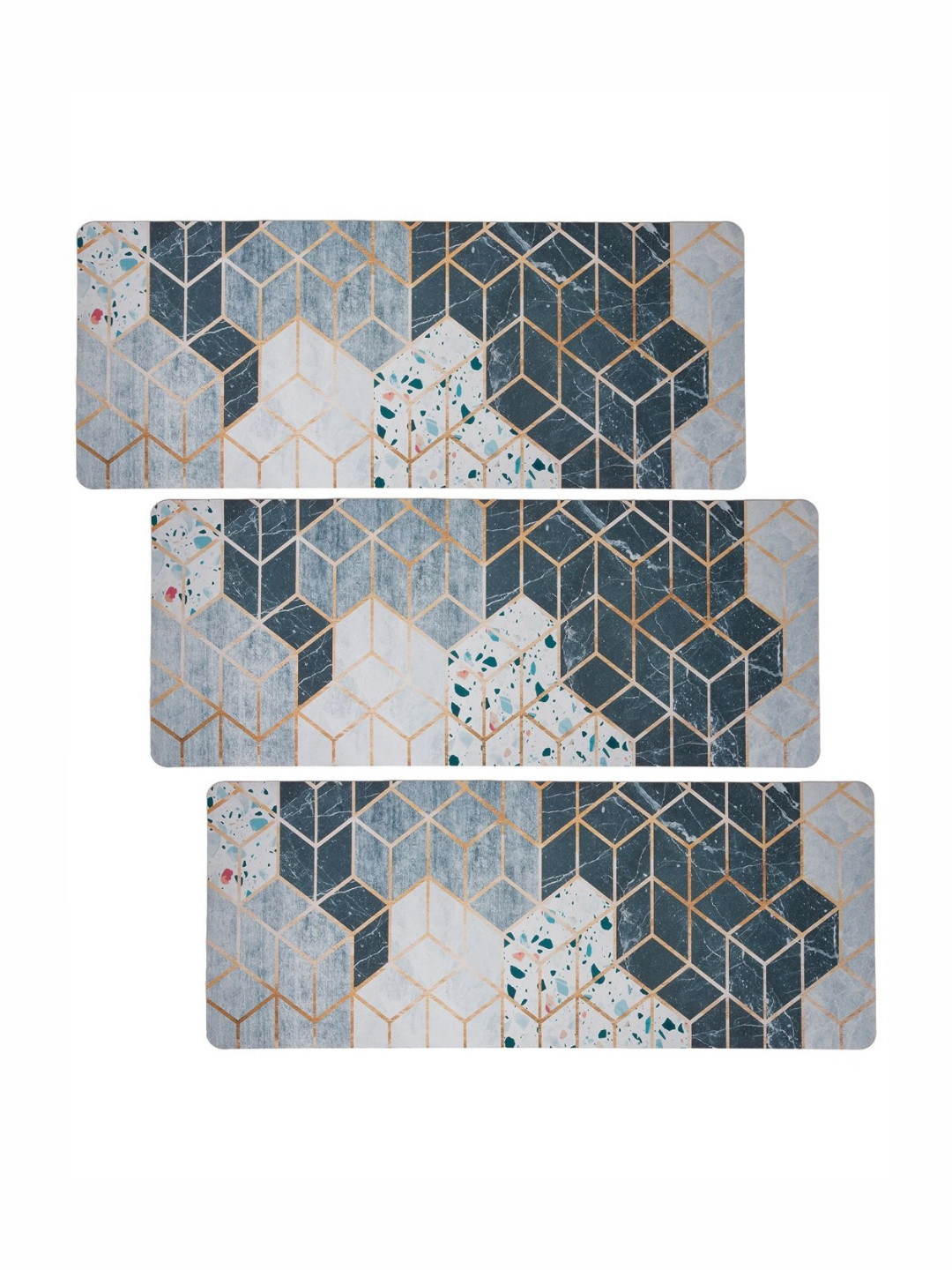 Aura White & Blue 3 Pieces Geometric Anti-Skid Carpets