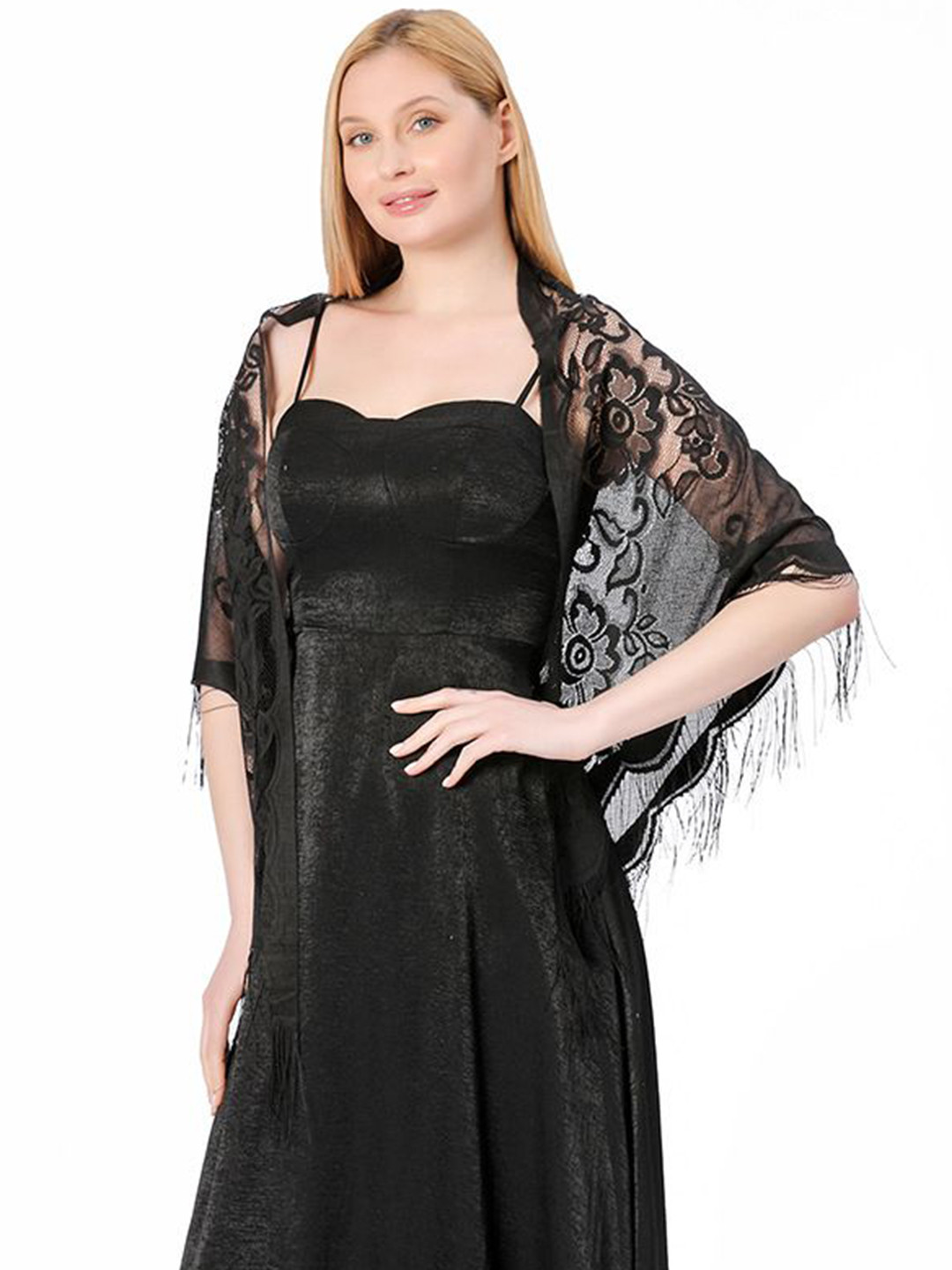 Alexvyan Women Embroidered Summer Triangle Lace Stole With Tassels