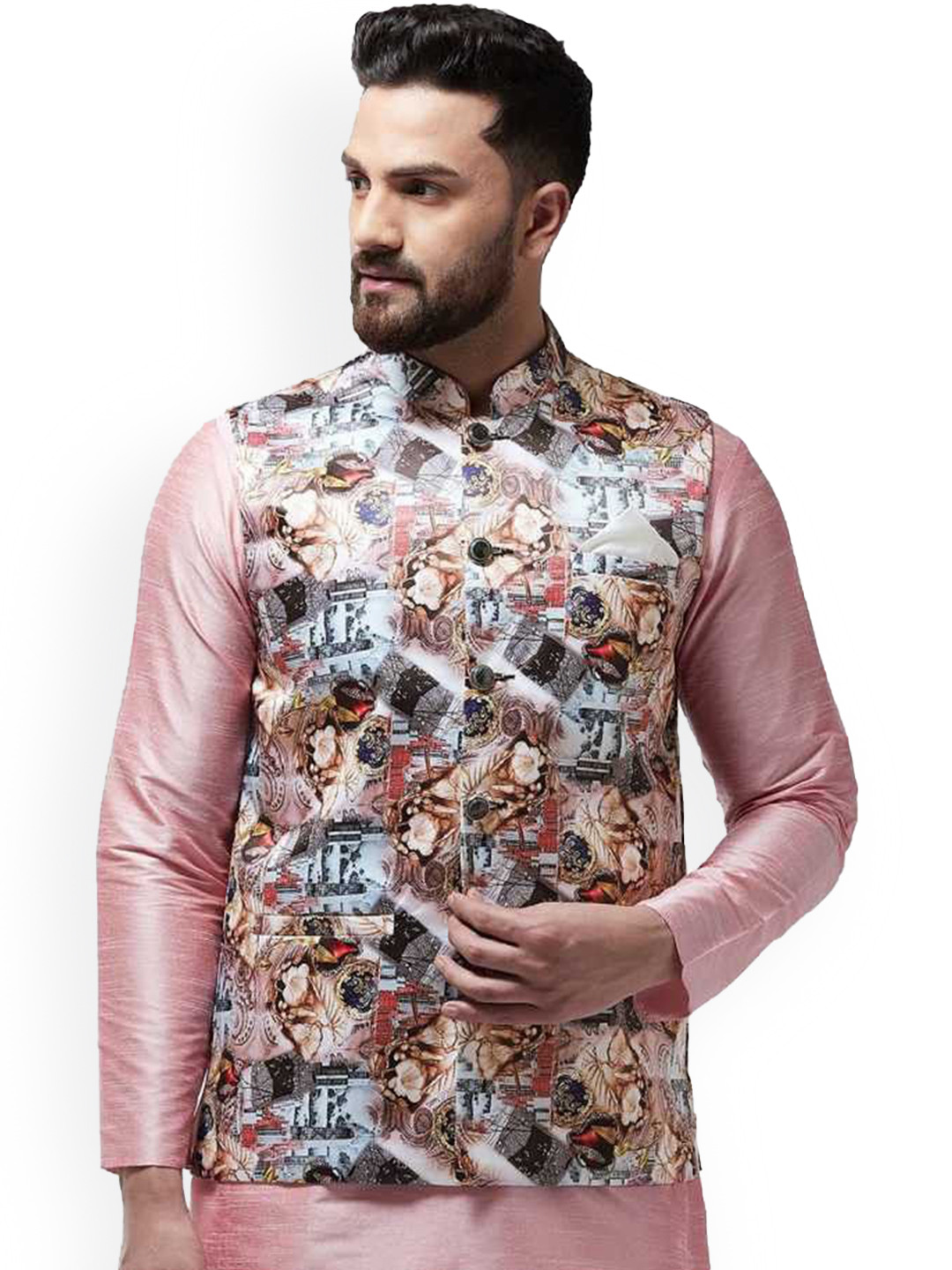 B BEN Printed Mandarin Collar Neck Woven Nehru Jacket