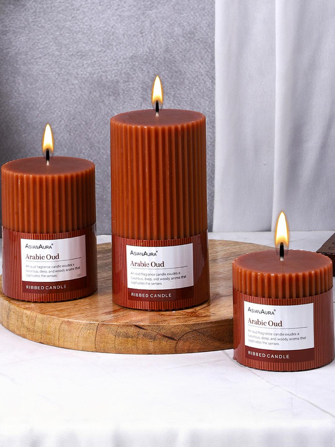 Asian Aura Ribbed Candle Home dcor 3Pcs Arabic Oud Solid Geometric Regular Pillar Candles