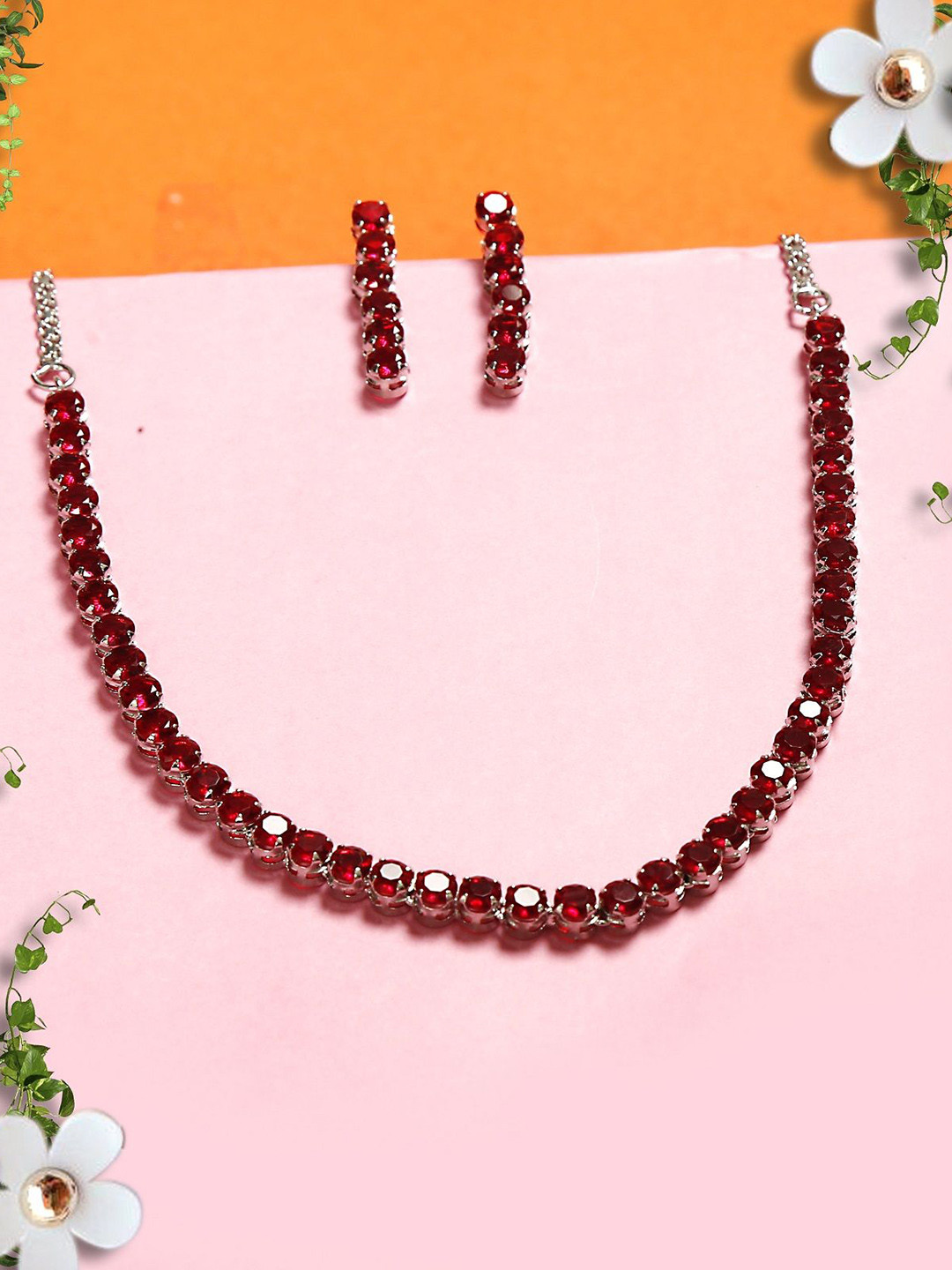 Gemron Jewel Rhodium-Plated Red Cubic Zirconia Studded Necklace with Drop Earrings