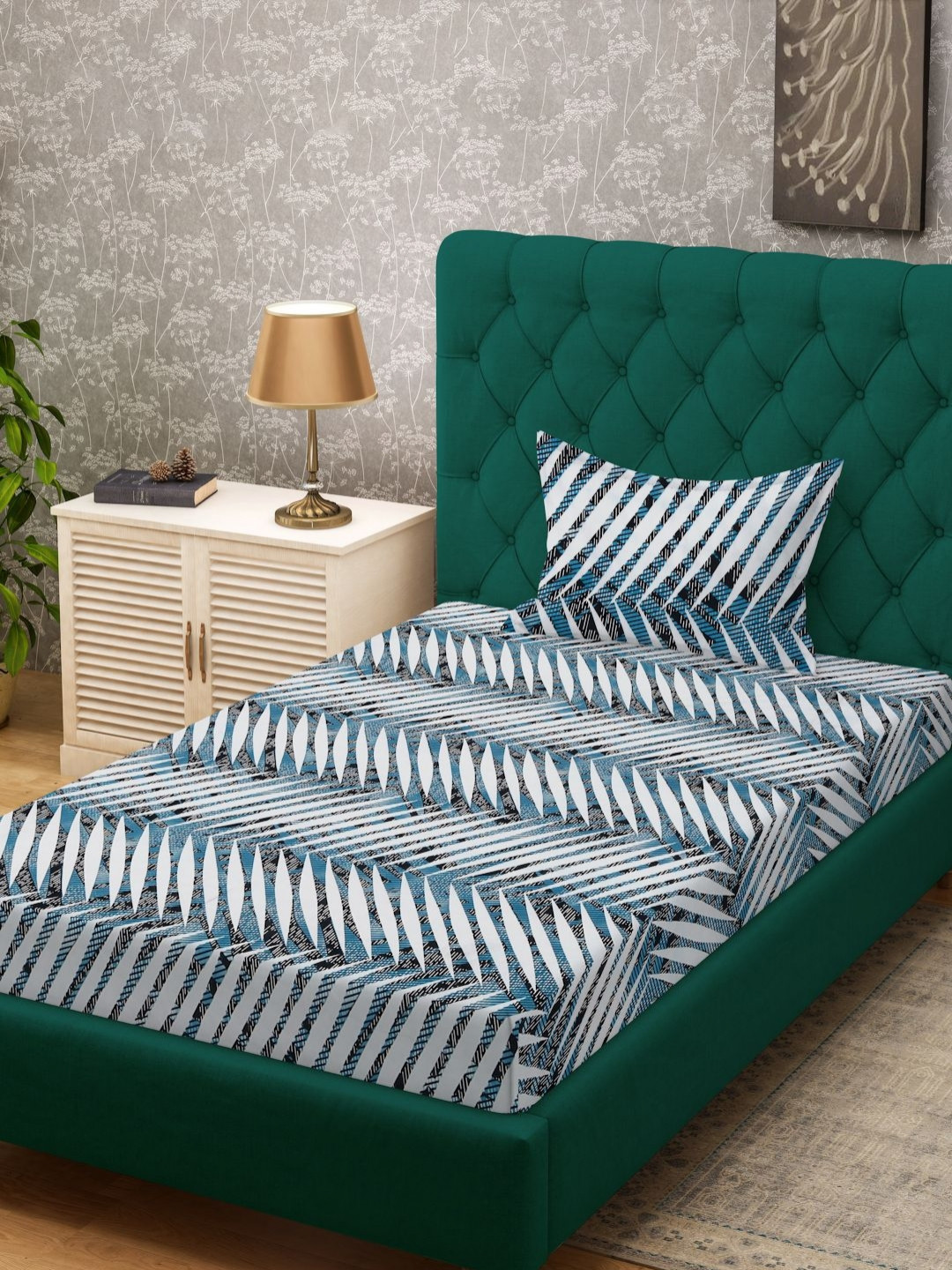 HOSTA HOMES Brown & White Geometric Printed 300 TC Single Bedsheet Set  1.37m x 2.23m