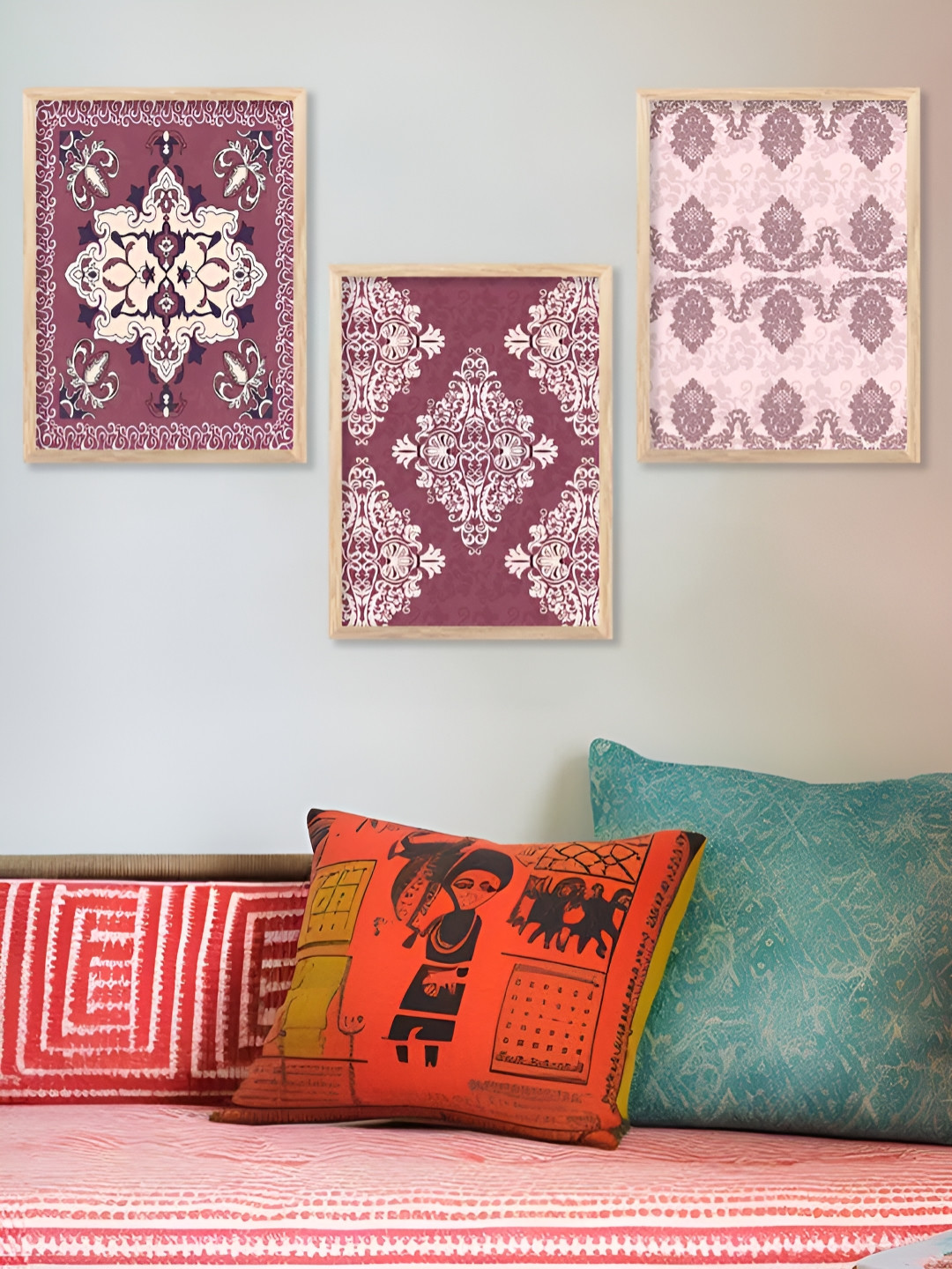 Kotart Brown & Burgundy 3 Pieces Wooden Modren Painting Wall Arts