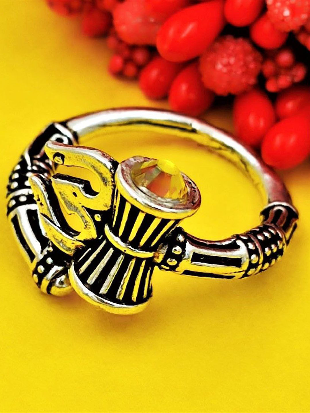 Yash Jewels Emporiums Silver-Plated Om Damroo Adjustable Finger Ring
