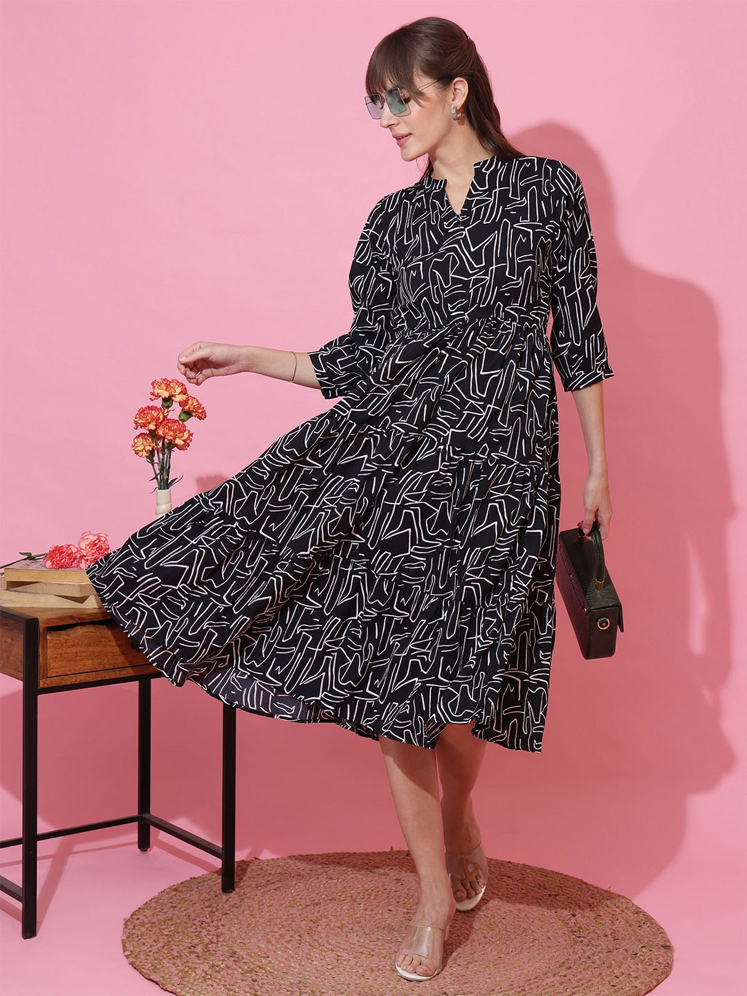 SHEETAL Associates Printed Monochrome Cuffed Sleeve Fit & Flare Midi Dress