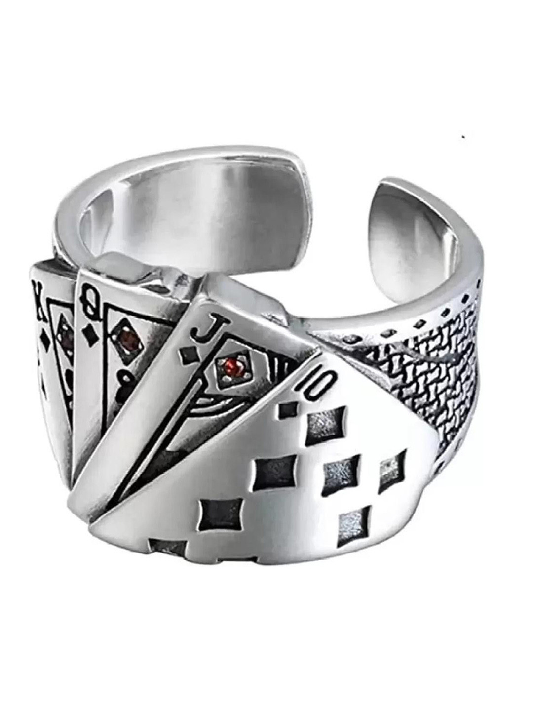 Zoey Rhodium-Plated Intricate Playing Cards Textured Details Adjustable Finger Ring
