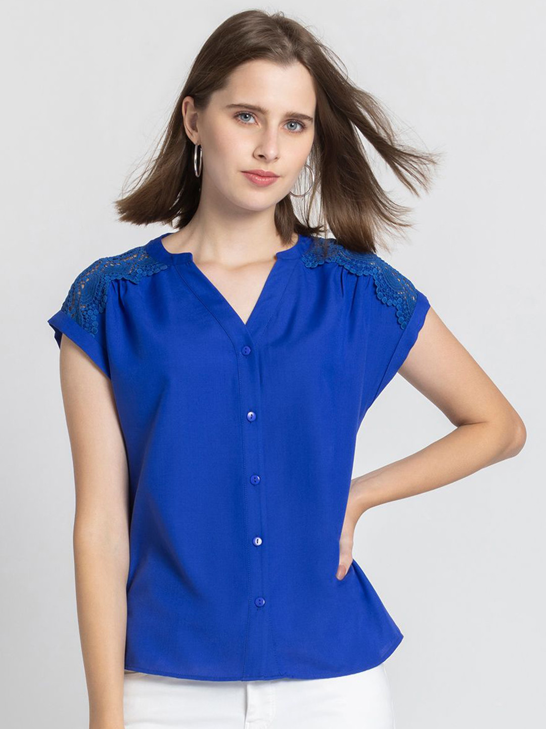 SHAYE Band Collar Blue Solid Extended Sleeves Casual Top
