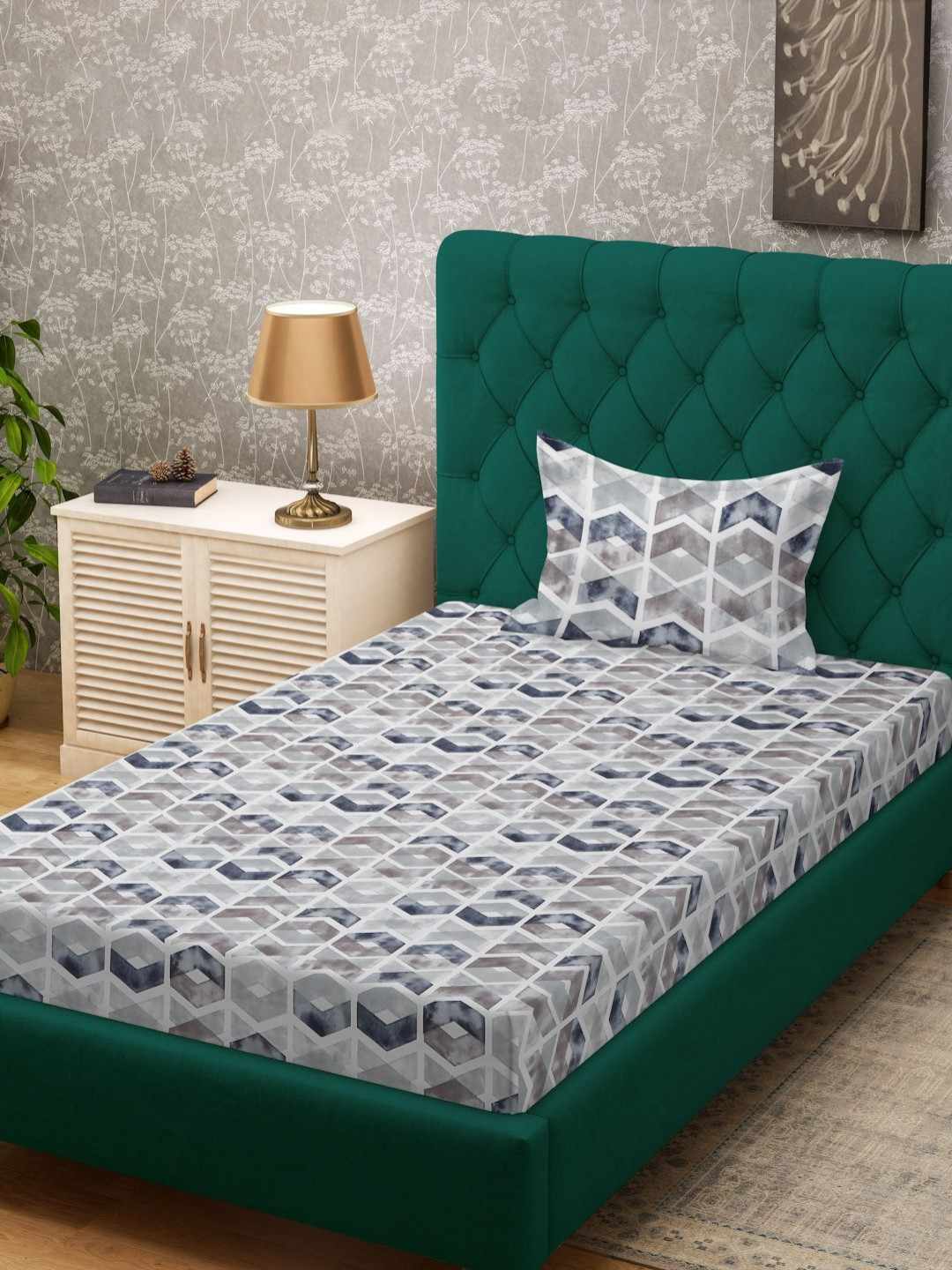 HOSTA HOMES White & Grey Geometric 300 TC Fitted Single Bedsheet Set-2.23 m x 1.27 m