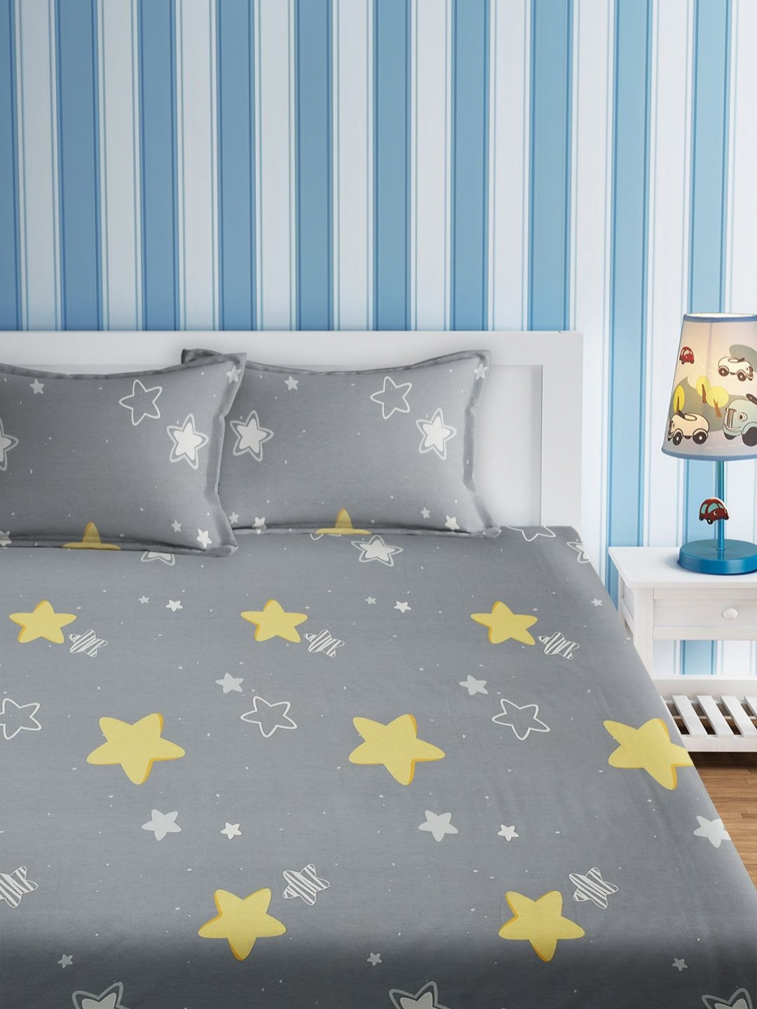 URBAN DREAM Kids Grey & Yellow Geometric Cotton 210TC Double Queen Bedsheet Set-2.3mx2.54m