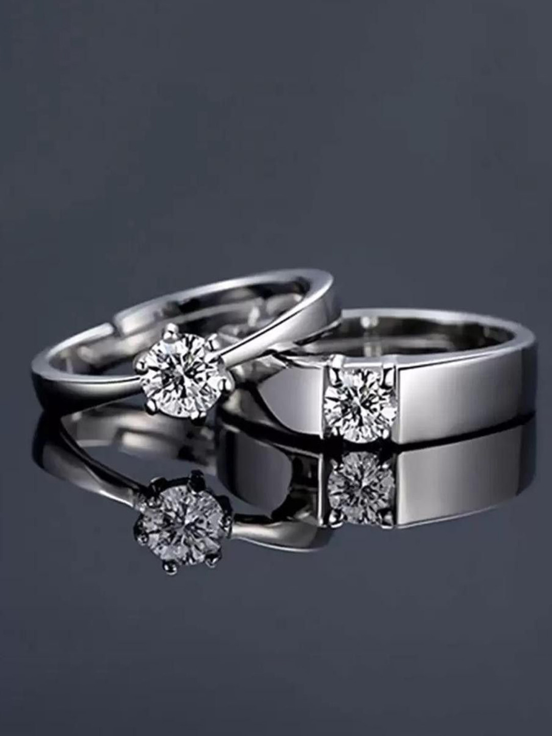 Zoey Set Of 2 Silver-Plated Zircon-Studded Adjustable Unity Solitaire Couple Rings