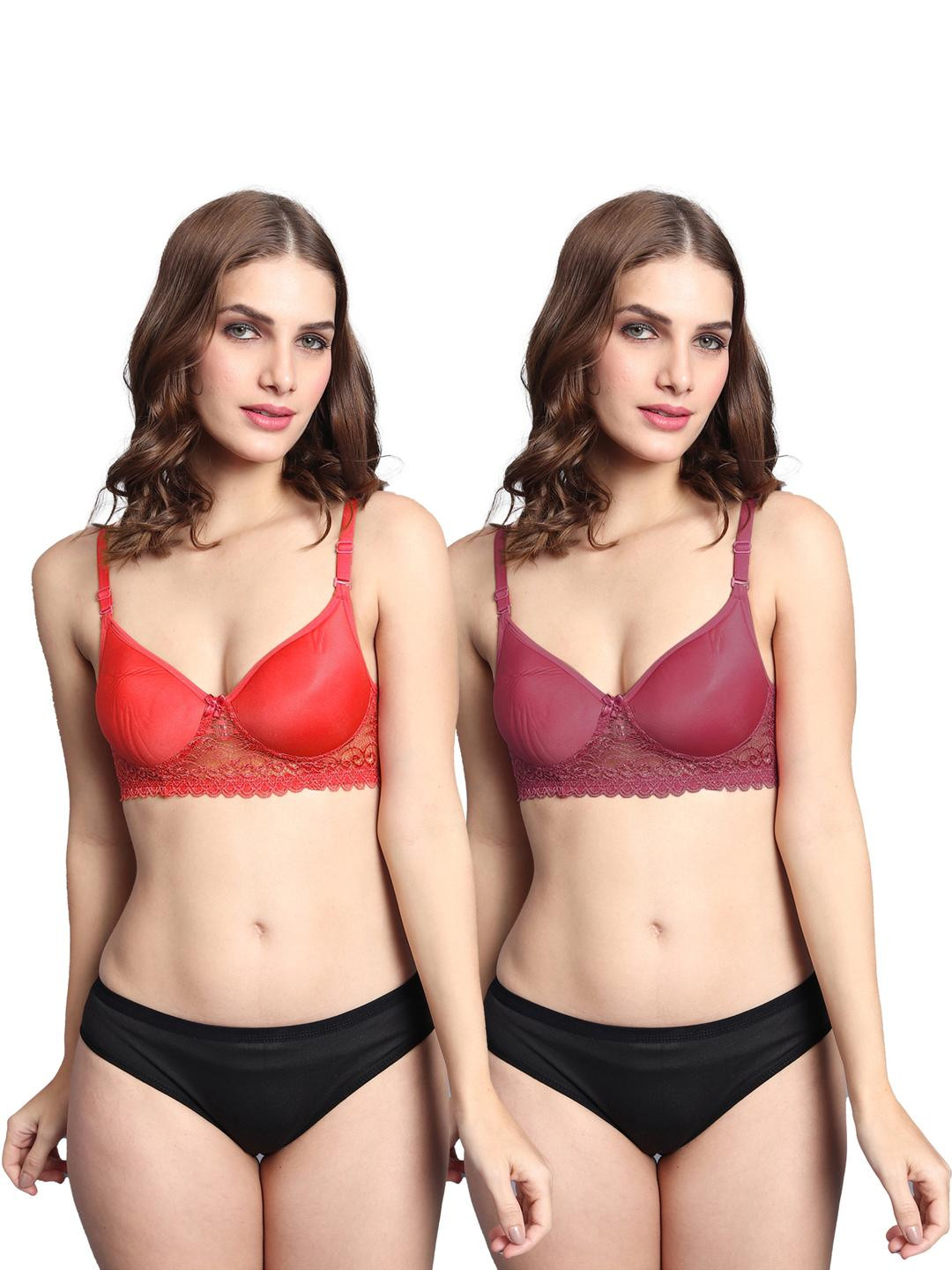 Women Red,Maroon Cotton Blend Bra Panty Set for Lingerie Set Undergarments Pack of 2