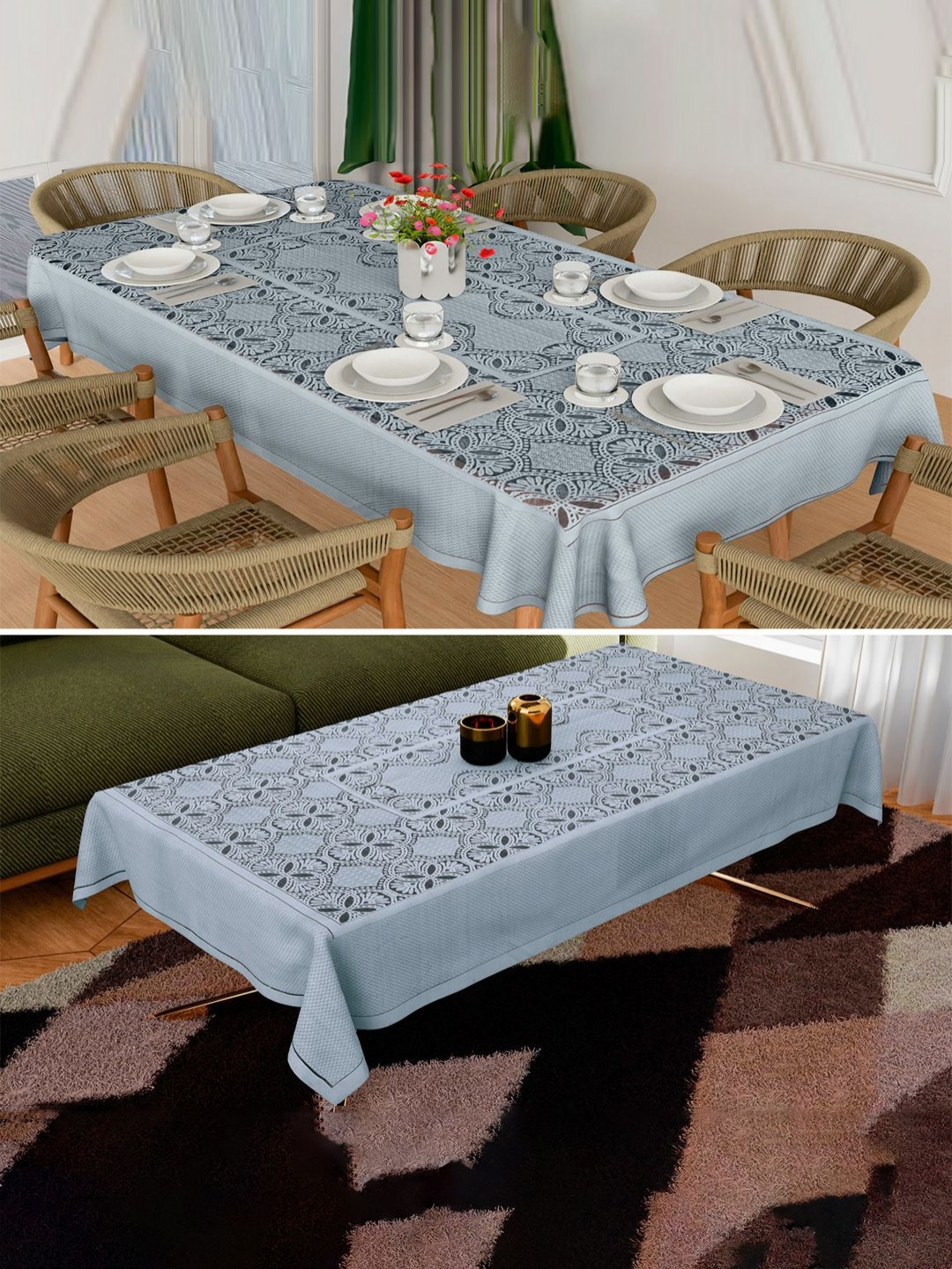 Aura Grey 2 Pieces Floral Printed Anti-Skid Cotton 8-Seater Table Cover