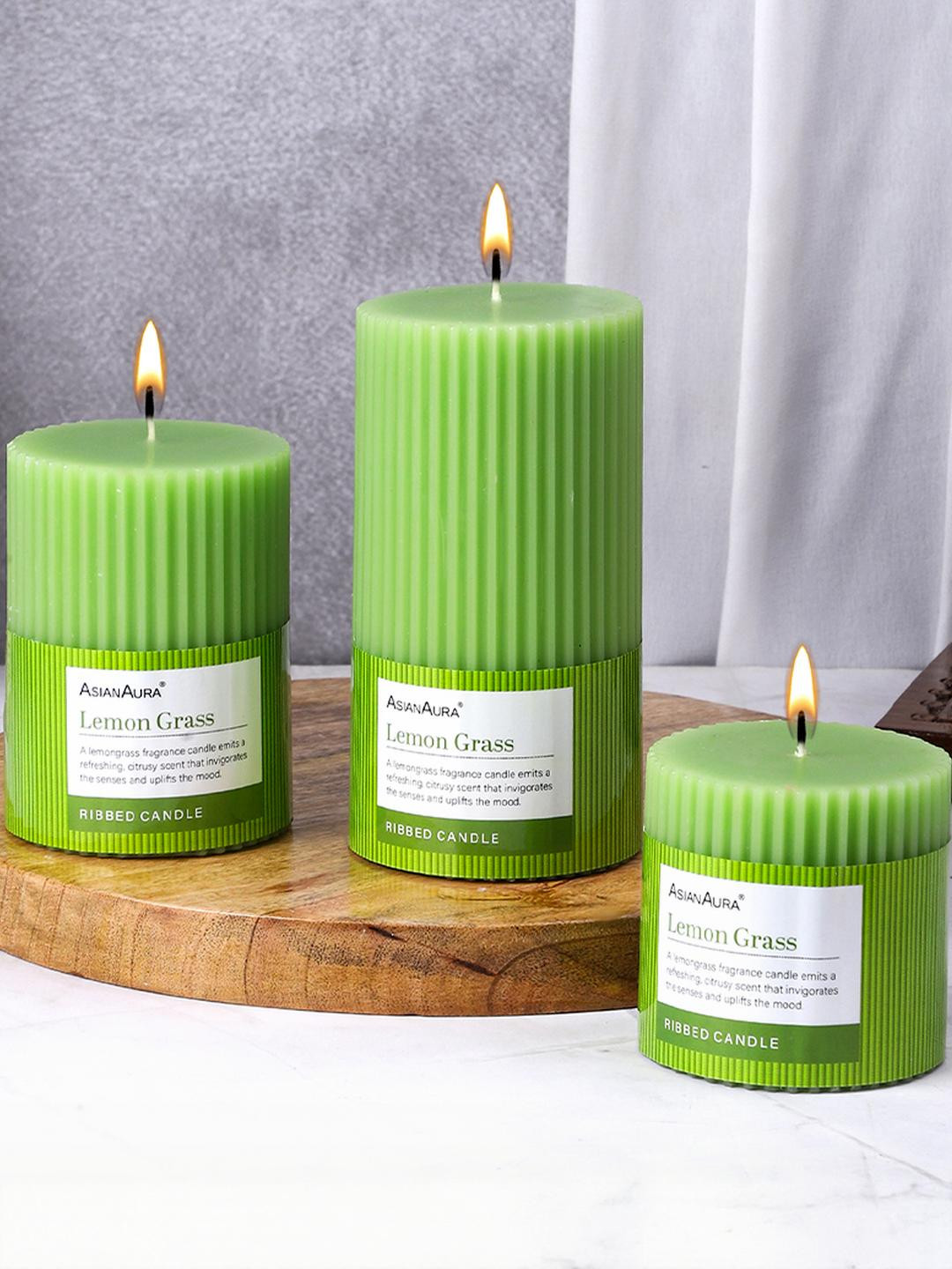 Asian Aura Ribbed Candle Home dcor 3Pcs Lemon Grass Solid Geometric Regular Pillar Candles