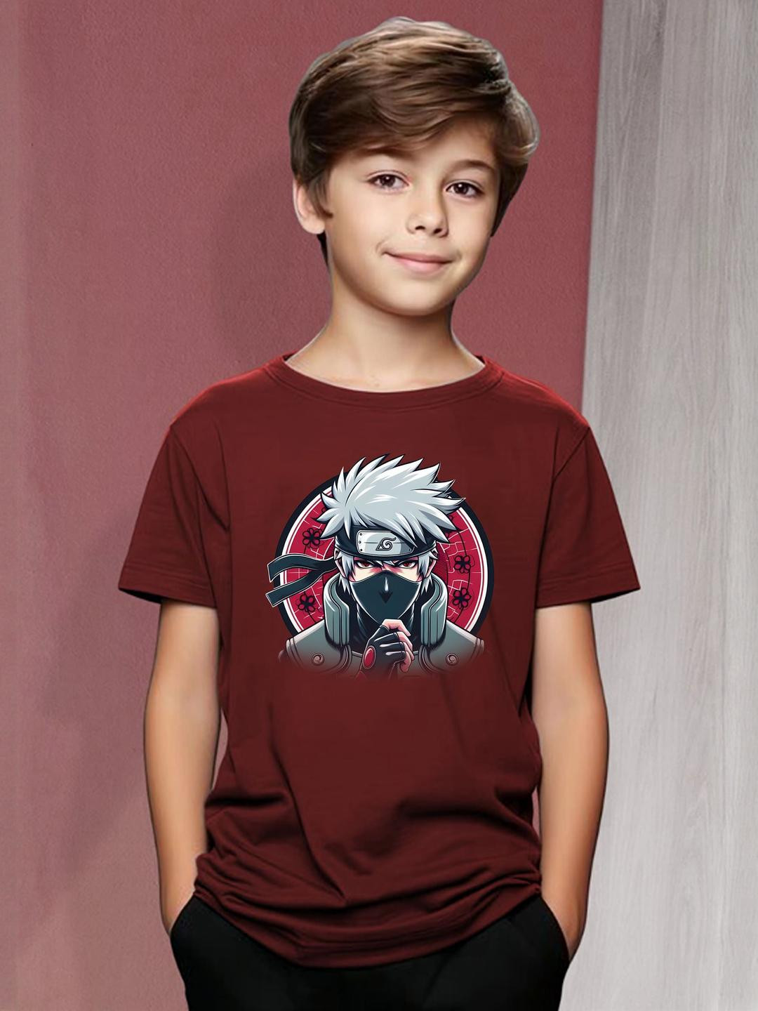 Maroon Kakashi Anime Graphic Print T-Shirt