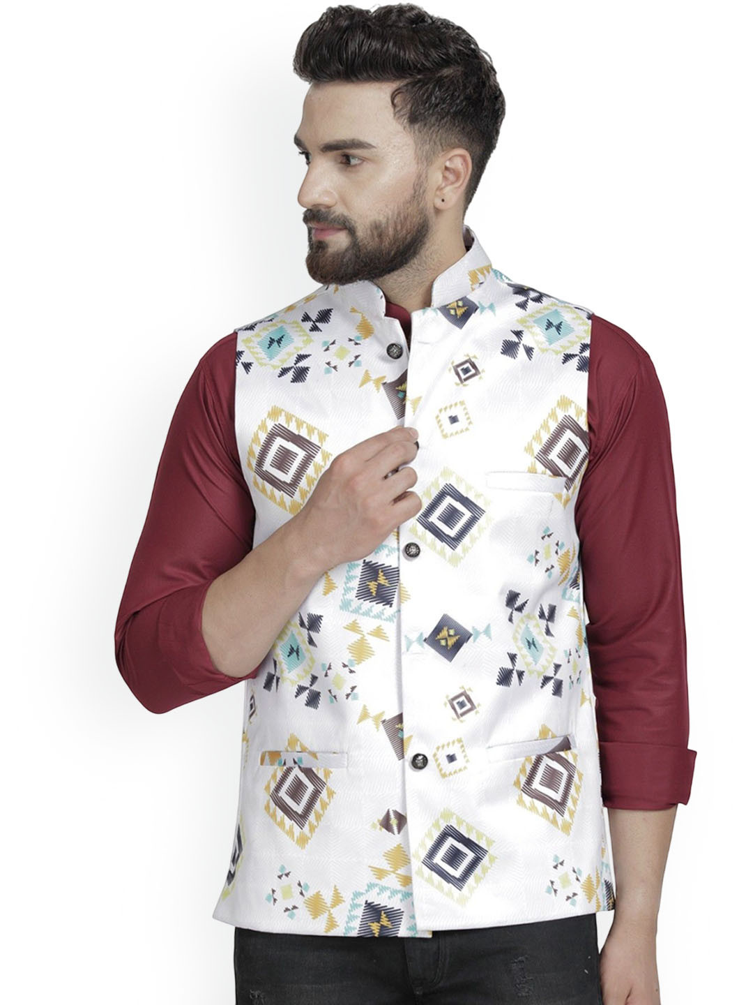 B BEN Printed Mandarin Collar Neck Woven Nehru Jackets