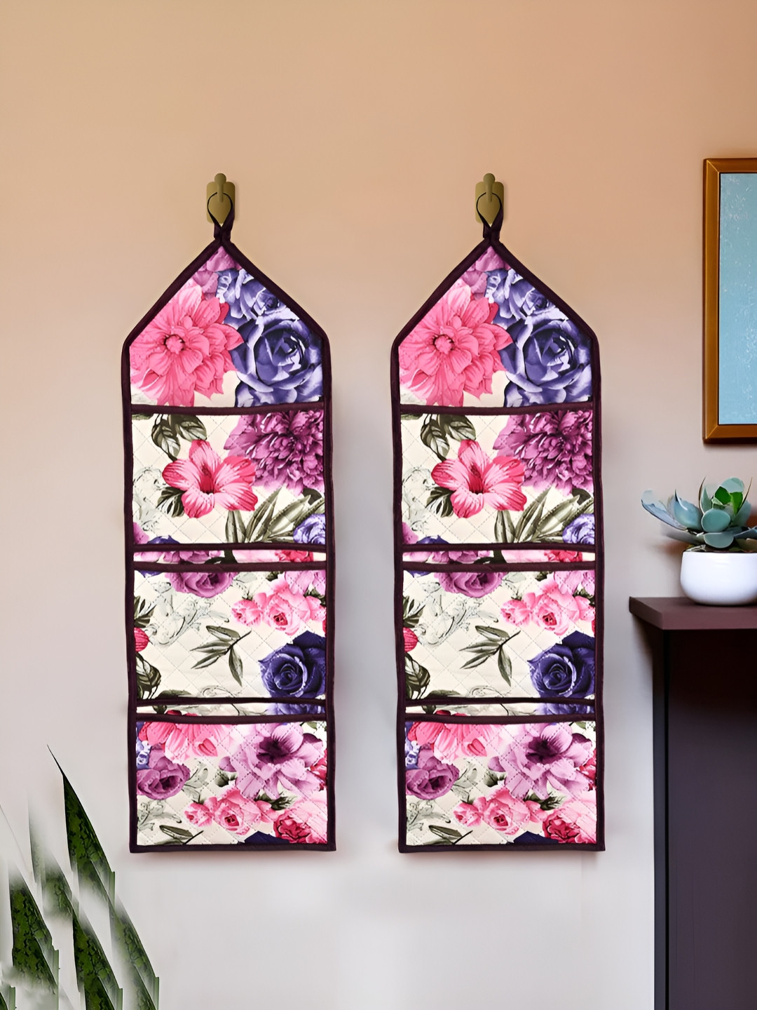 Aura Cream Colored & Purple 2 Pieces Printed Velvet Wall Hanging Organisers