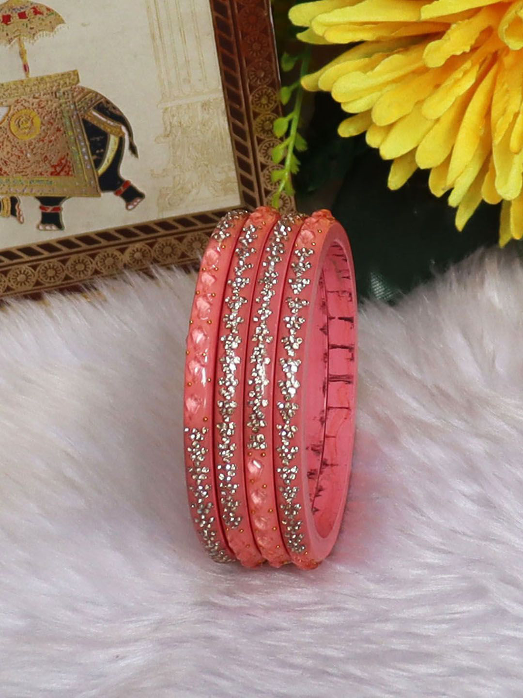 TAJ BRIDAL STORE Set Of 4 Kundan Stone Studded Rhinestones Design Bangles