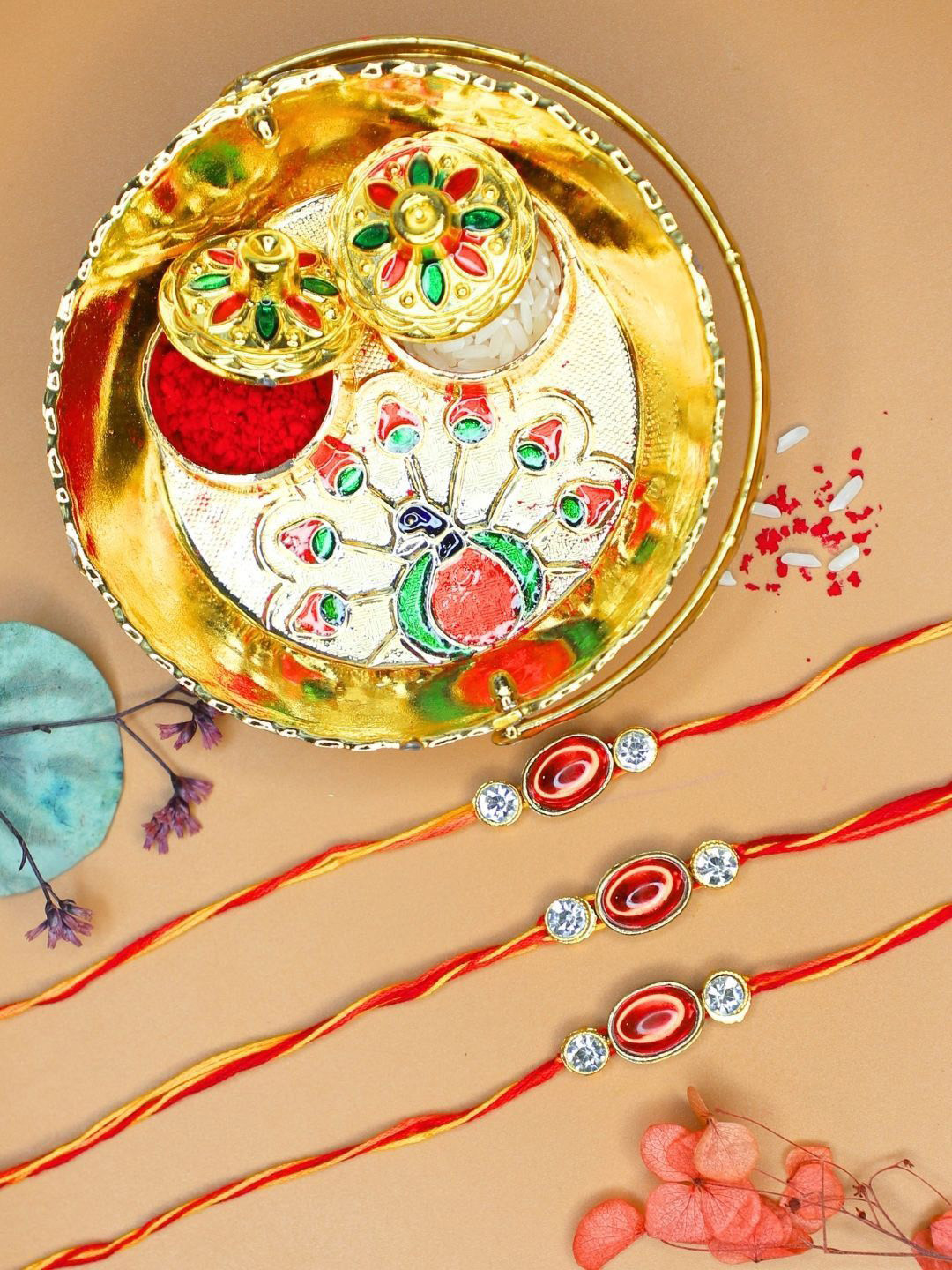 Anouk Set Of 3 Stone Studded Rakhi & Greeting Card With Pooja Thali