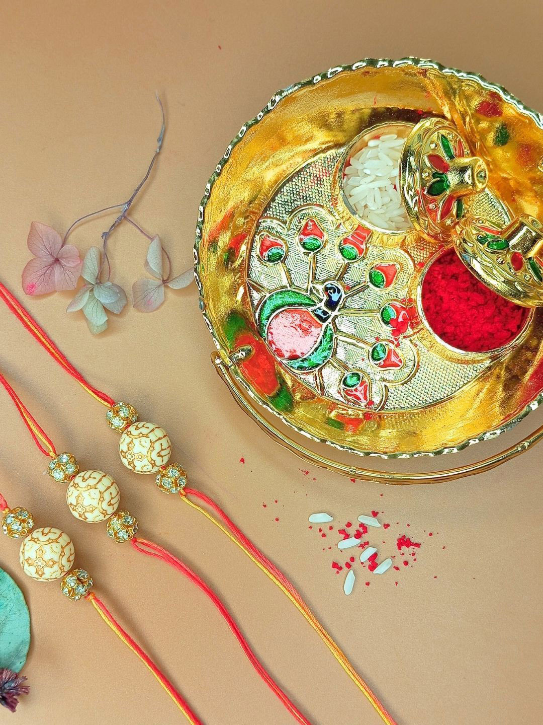 Anouk Set Of 3 Stones Studded Rakhis With Pooja Thali Card & Kumkum
