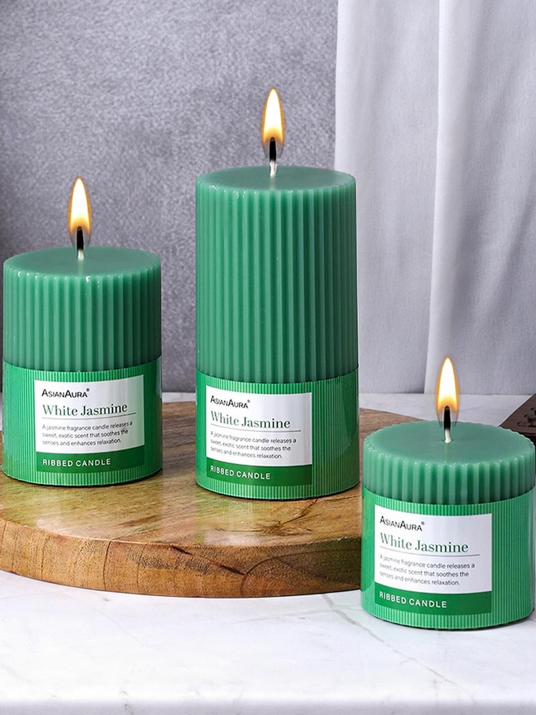 Asian Aura Jasmine Ribbed Candle Home dcor 3Pcs White Jasmine Solid Pillar Candles
